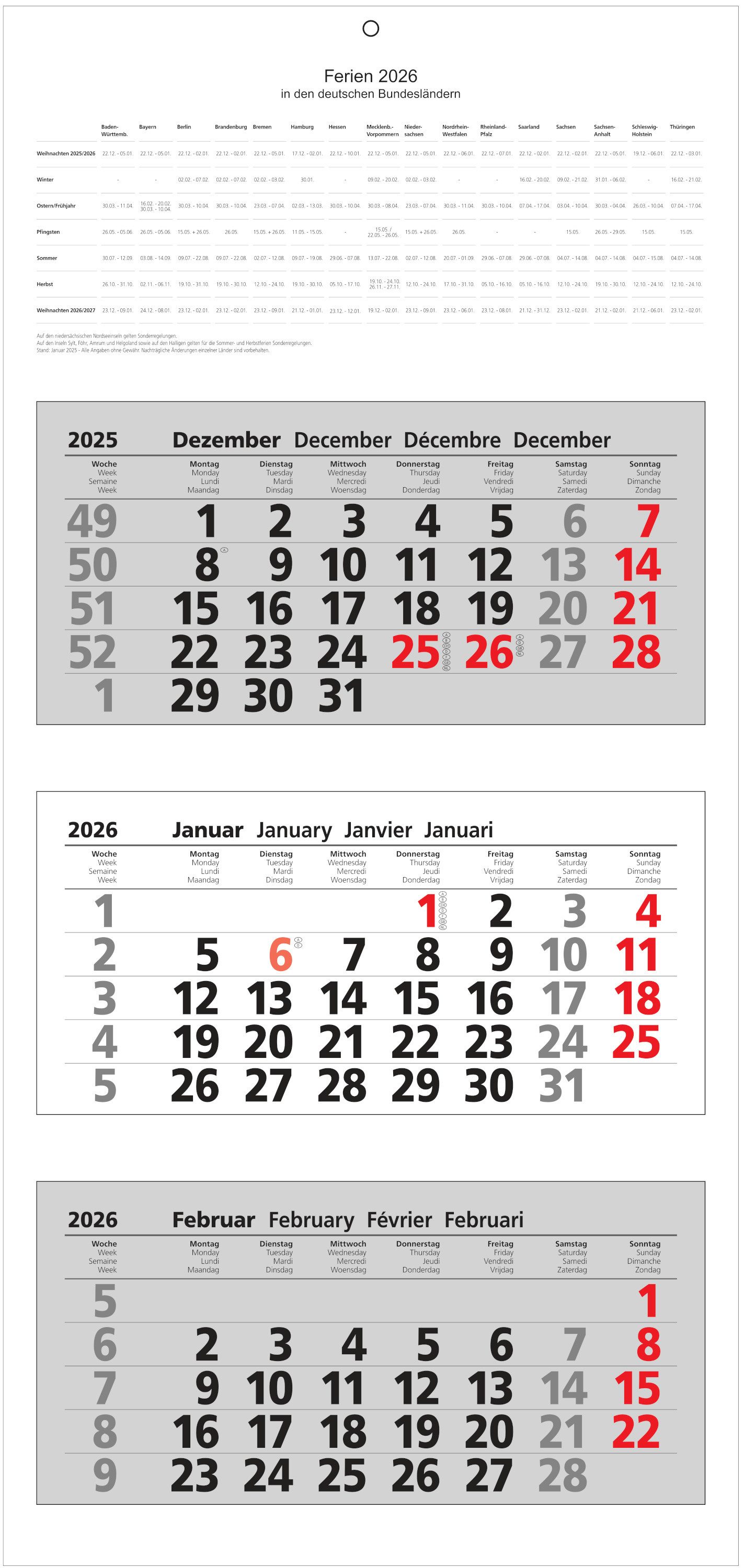 ADINA Wandkalender 2026 ADINA Dreimonatskalender 70x33cm mit Tagesanzeiger in Blockform