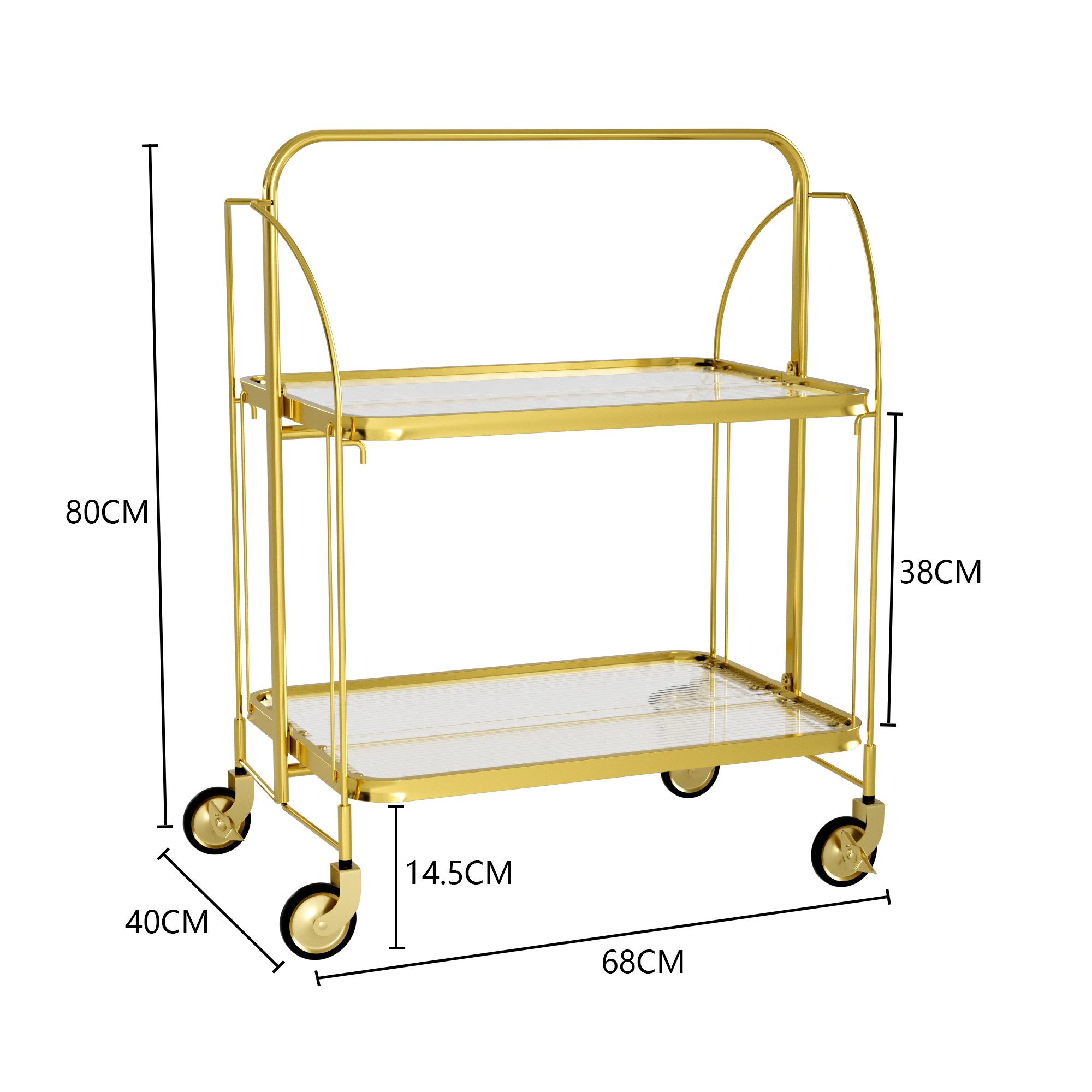 PFCTART Servierwagen Faltbarer Servierwagen mit Rollen aus Sicherheitsglas, (Set, 1 St., 68×40×80 cm Barwagen für Küche, Esszimmer & Wohnzimmer), Teilweise & vollständig klappbar, 2 Rollen mit Bremse