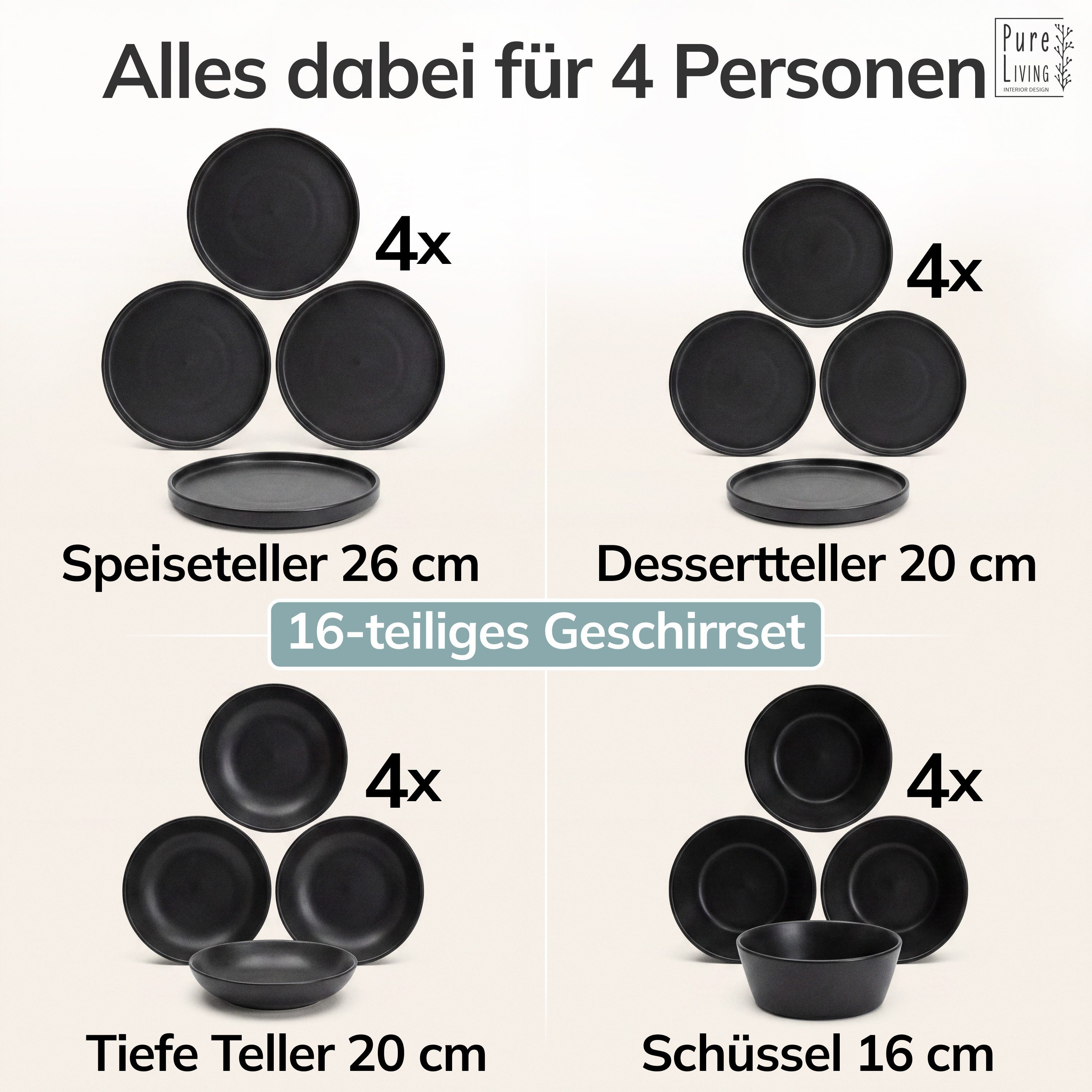 PURE LIVING INTERIOR DESIGN Geschirr-Set Manhattan aus Steingut, 16-tlg., für 4 Personen, Schwarz (16-tlg), 4 Personen, Steingut – Bild 5 von 5