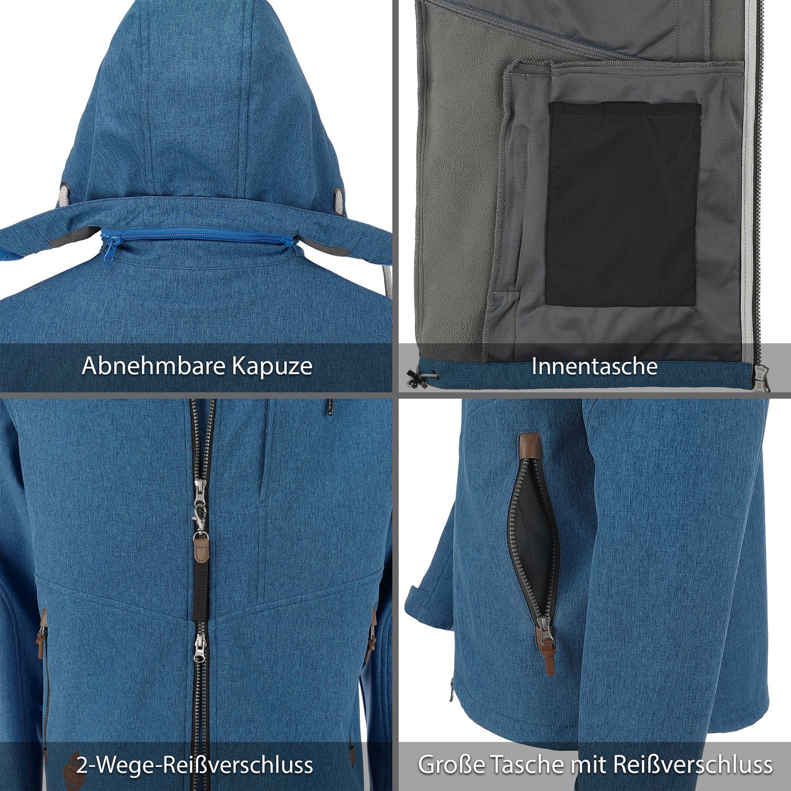 Dry Fashion Softshelljacke Herren Jacke und Fleece-Innenfutter Eckernförde melange mit Kapuze blau Meliert