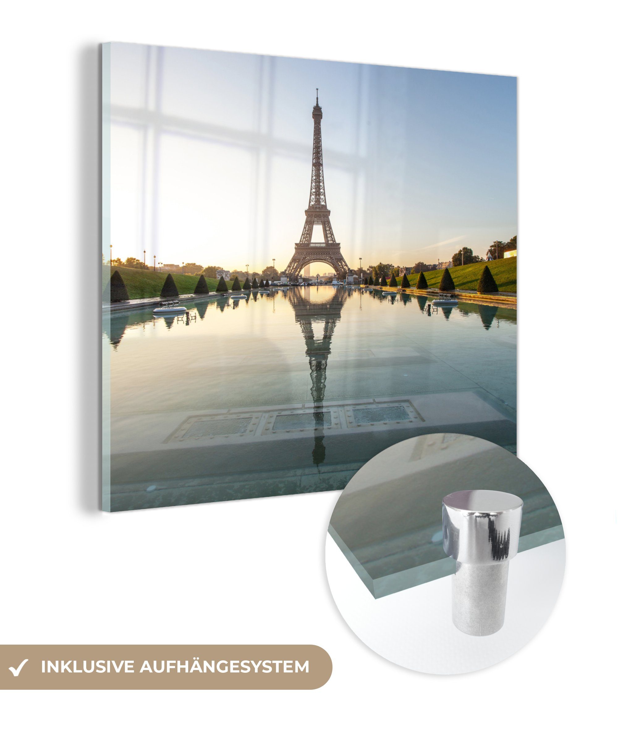 MuchoWow Acrylglasbild Spiegelung des Eiffelturms im Wasser, (1 St), Glasbilder - Bilder auf Glas Wandbild - Foto auf Glas - Wanddekoration