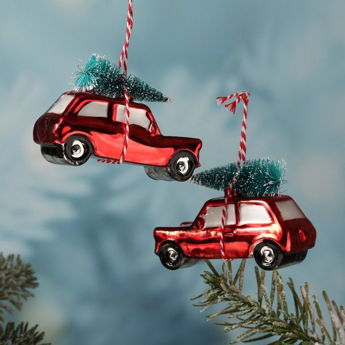 MARELIDA Christbaumschmuck Weihnachtsbaumschmuck rote Autos mit Baum Weihnachtskugel H: 7cm 2 Stück