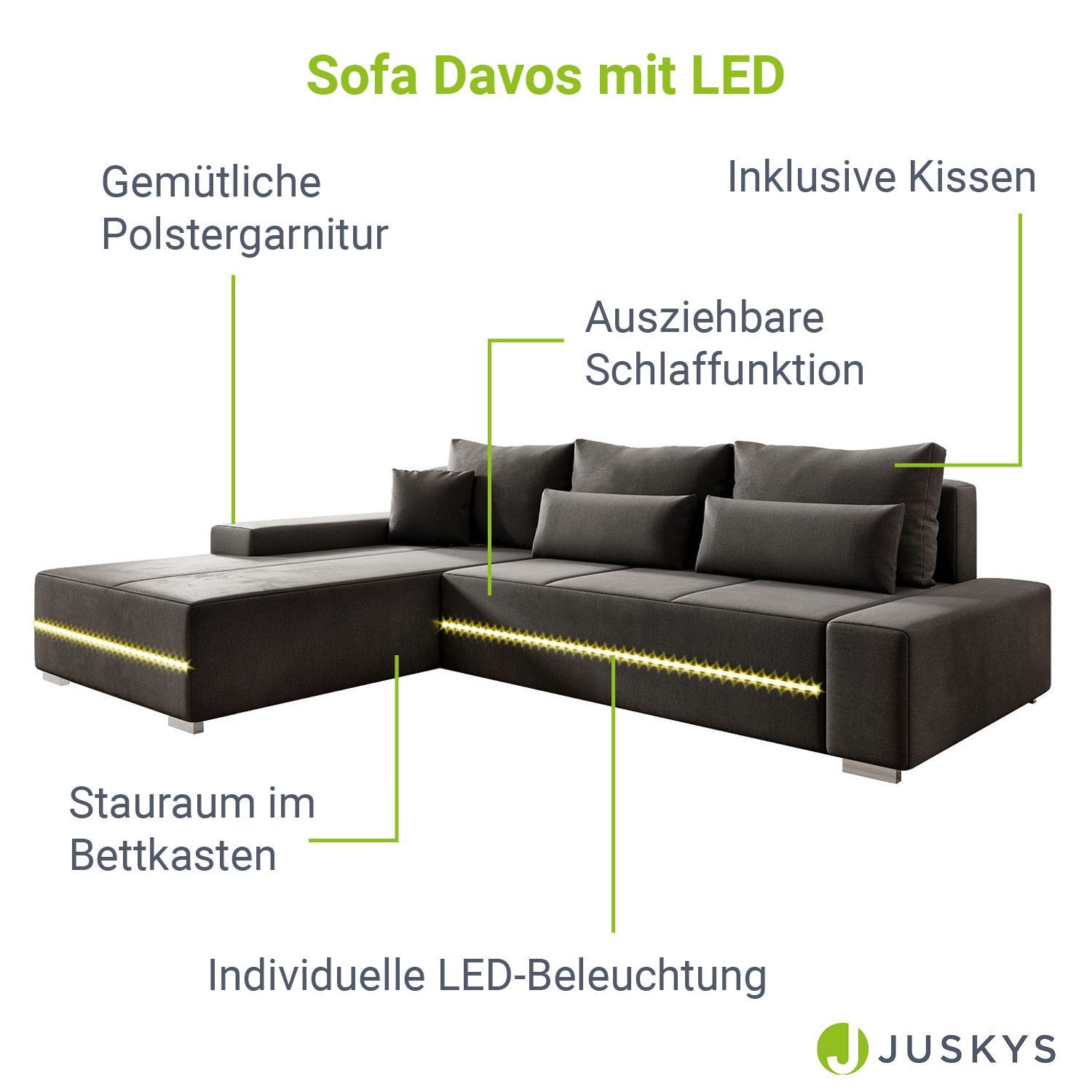 Juskys Wohnlandschaft Davos, individuelle Beleuchtung, gemütlicher Bezug, wasserabweisender Samt