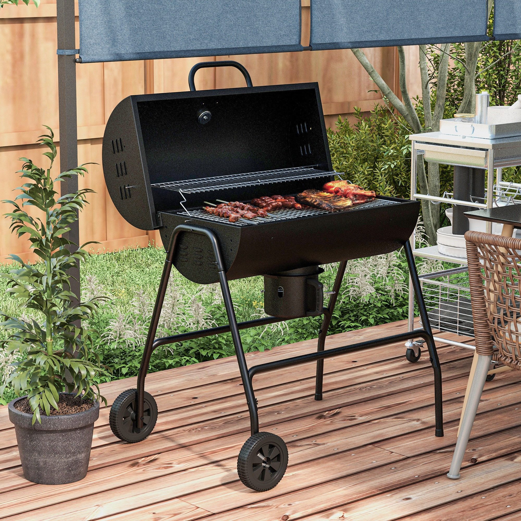 Outsunny Holzkohlegrill mit Deckel, Thermometer, Räder, verstellbarer Kohlewanne, Griff, BBQ Smoker, fahrbar Grillwagen, Kohlegrill für Barbeque Camping, Terrasse, 95 x 71,5 x 102 cm