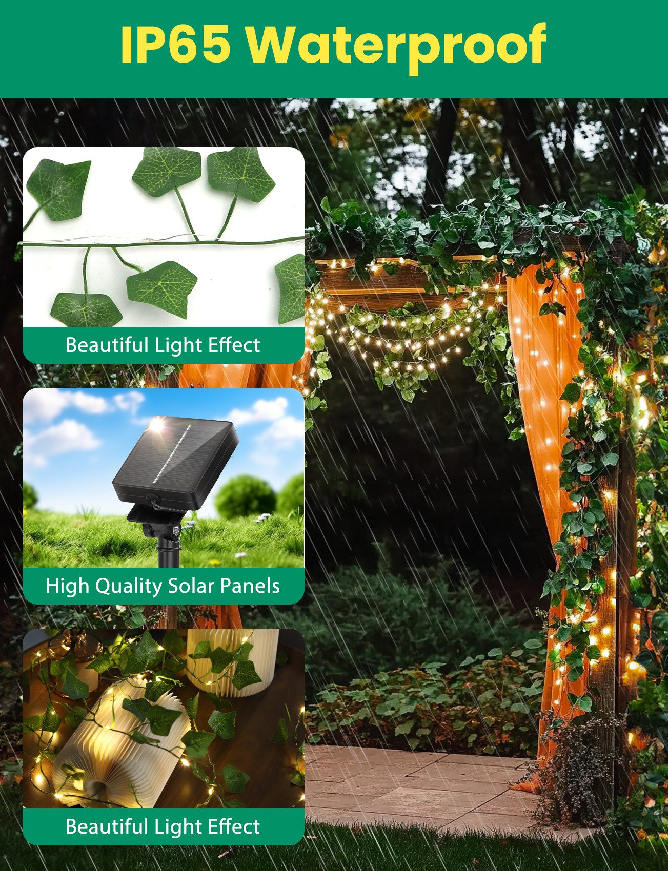 Aigostar LED-Lichterkette Lichterkette Solar Außen 12M 100LED Künstlicher Efeu Lichterkette IP65, 8 Lichtfunktionen