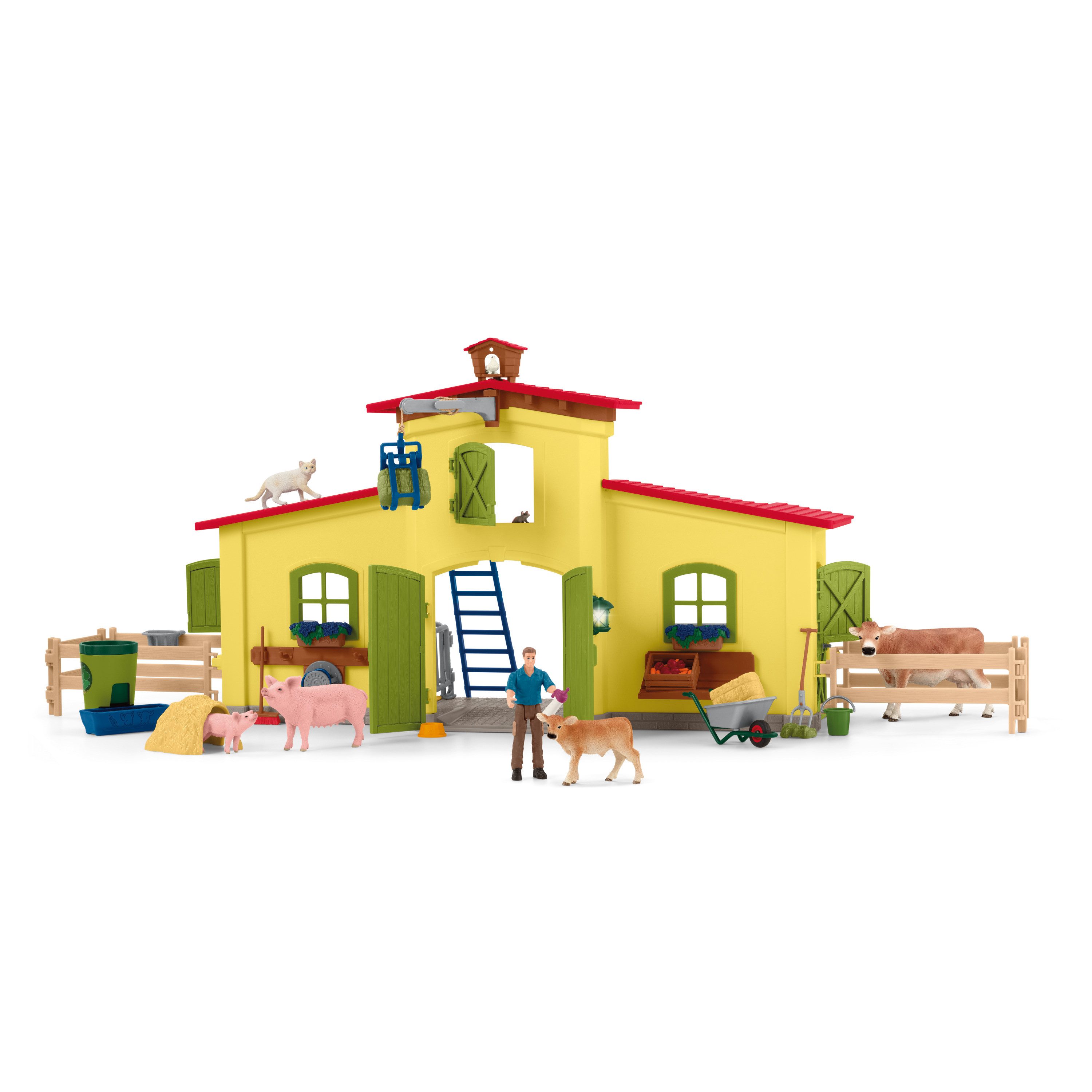 Schleich® Spielwelt FARM WORLD, Großer Stall mit Tieren und Zubehör (42605), (64-tlg)