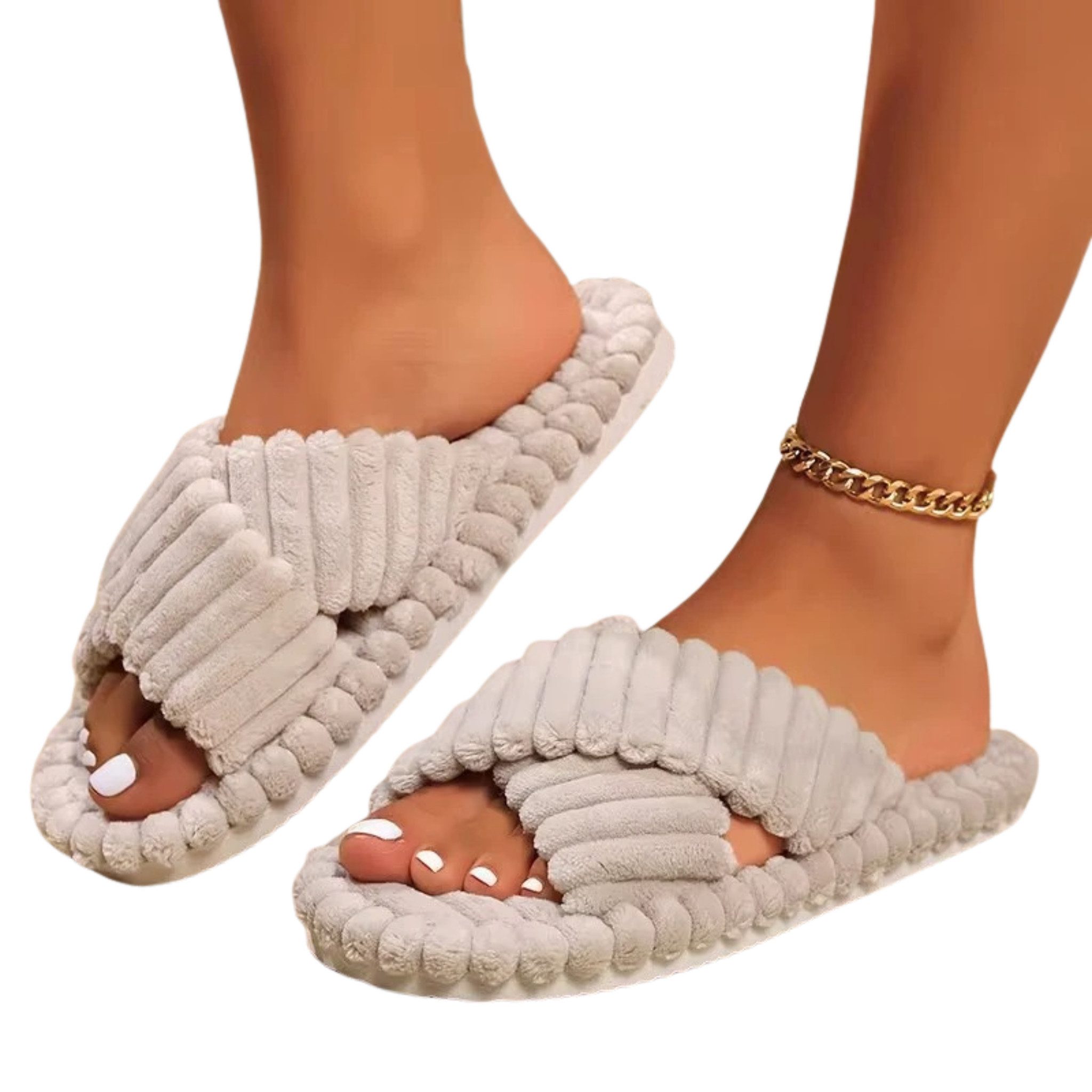 NEXORA Damen Hausschuhe flauschig – Kuschelige Pantoffeln mit Kreuzriemen Plüsch Hausschuhe (Paar, Paar) kuschelige Plüsch-Hausschuhe mit rutschhemmender Sohle