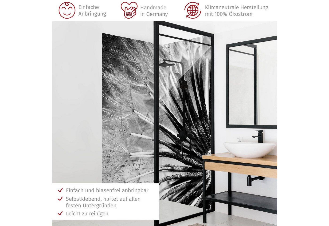 Thumbnail - Bilderdepot24 Badrückwand Blumen schwarz weiß Duschrückwand ohne Bohren Dusche, (2-tlg., Hart-Folie Smart matt 0,35 mm),...