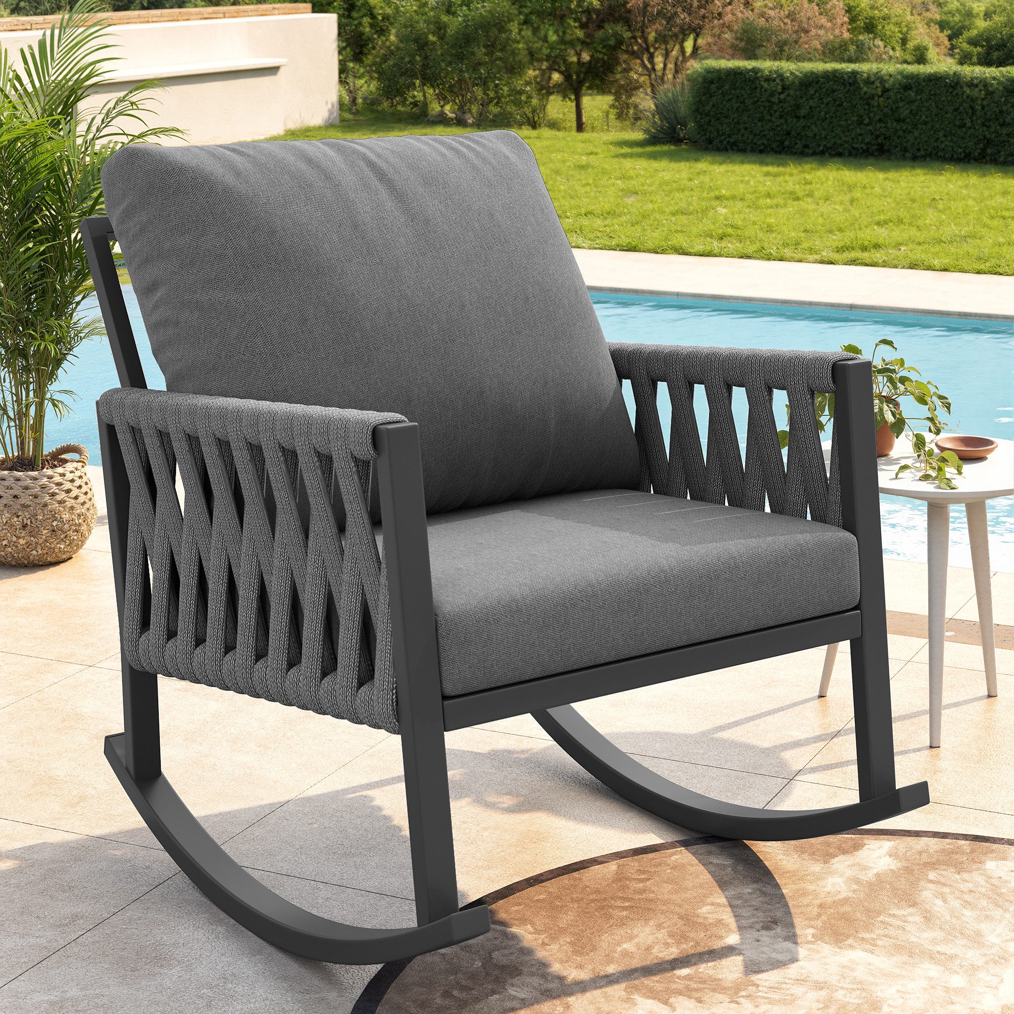 Flieks Gartenstuhl, Outdoor Schaukelstuhl Einzelstuhl mit Kreuzseilwebtechnik 79x65x78cm