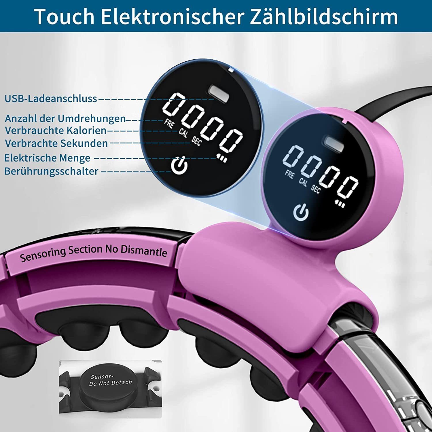 Digi-Smart Hula Diyarts Massage Abnehmbaren USB-Aufladung Touch Hula-Hoop-Reifen Teilen Hoop, (Fitness Hellrosa Counting Smart Gewichtsverlust), 16 Screen
