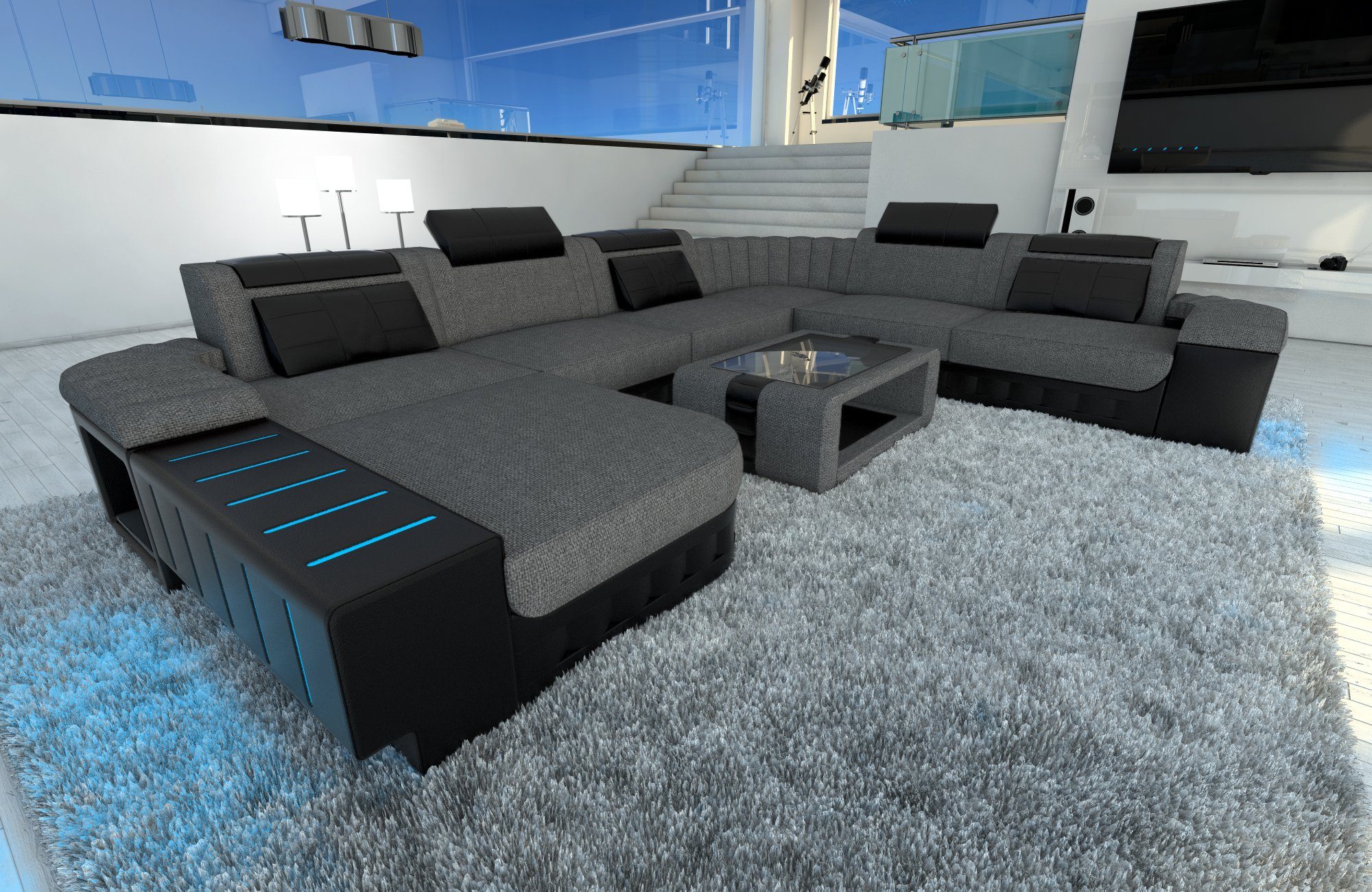 Sofa Dreams Wohnlandschaft Sofa Couch Stoff Bellagio XXL U Form Polster Stoffsofa, mit LED, wahlweise mit Bettfunktion als Schlafsofa, Designersofa H5 Grau-Schwarz