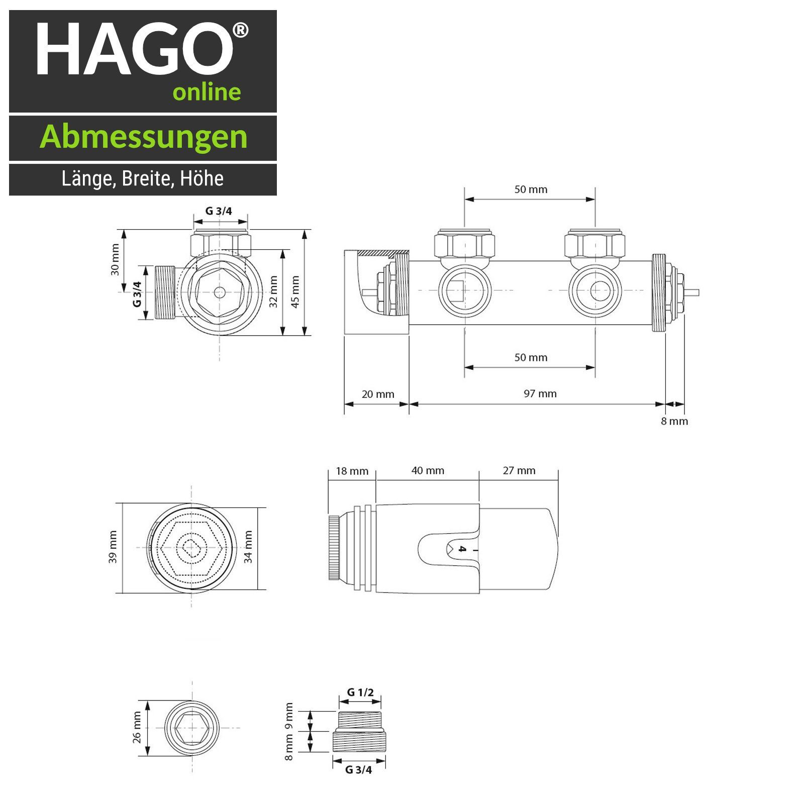 Anthrazit Thermostat Anschlussgarnitur Premium Mittelansch HAGO frostsicher Heizkörperthermostat