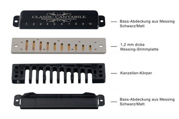 Classic Cantabile Mundharmonika AHB-650 PRO, D-Dur, (Inkl. Etui & Pflegetuch), 10 Phosphor-Bronze Stimmzungen - Messing-Gehäuse