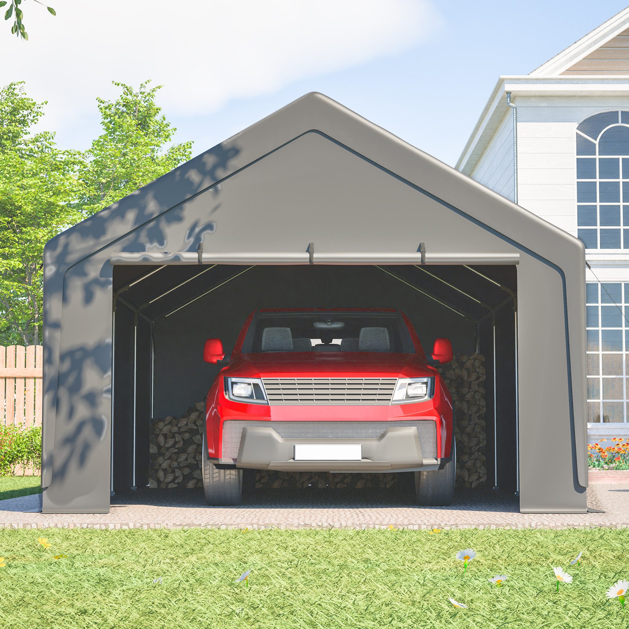 Rolipo Einzelcarport Carport für Auto & Boot – Schwerlast-Garage mit verzinktem Stahlrahmen, BxT: 400x765 cm, 192 cm Einfahrtshöhe, 13'×25' wasserdichte & UV-beständige PE-Plane, ganzjähriger Schutz