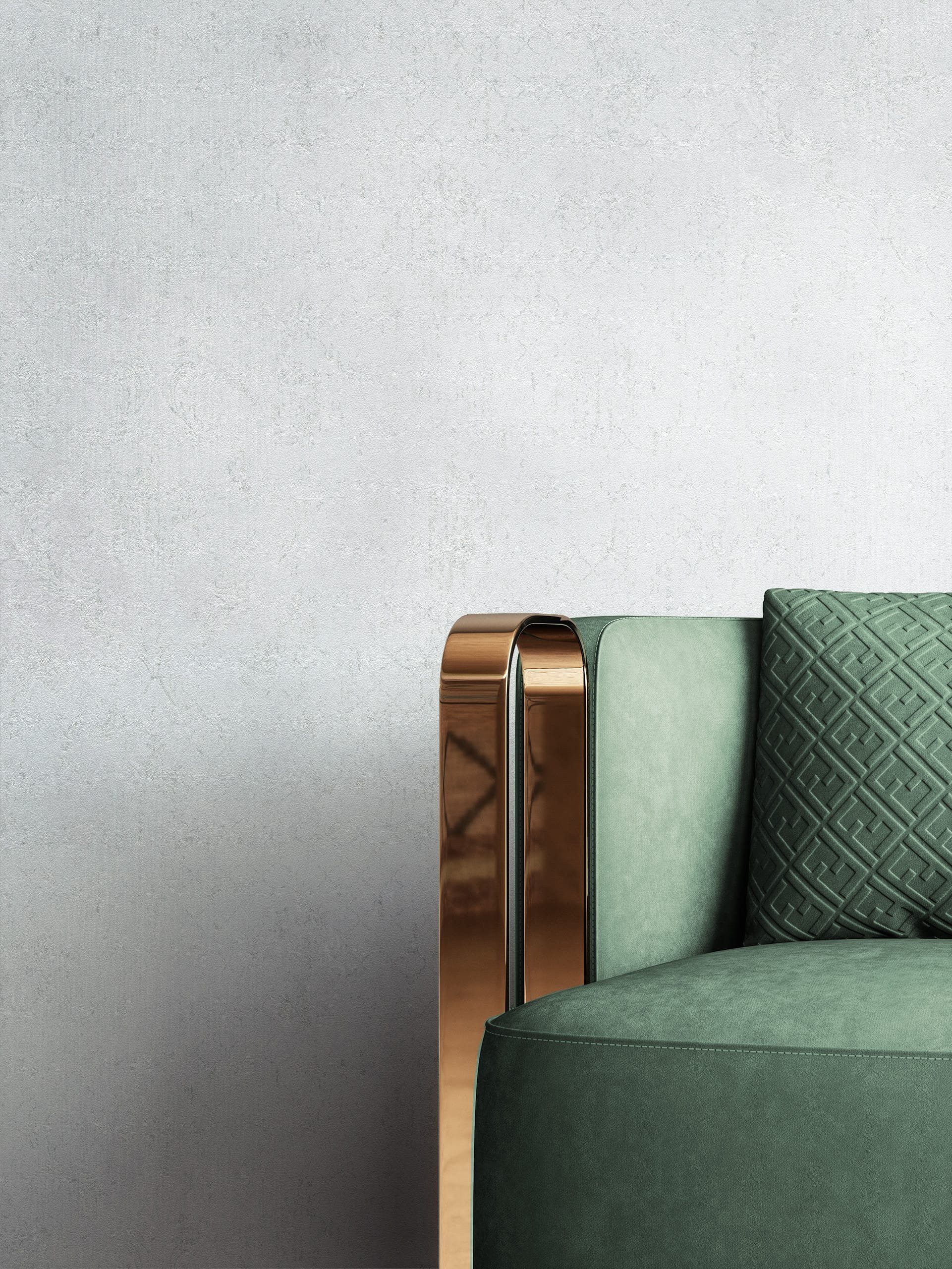 Newroom Vliestapete Lonza Grey Tapete Glanztapete Ornamente,Metallic, Grau Tapete Vintage Ornamente - Glanztapete Mustertapete Hellgrau Silber Retro Glamour Metallic für Schlafzimmer Wohnzimmer Küche, Mustertapete