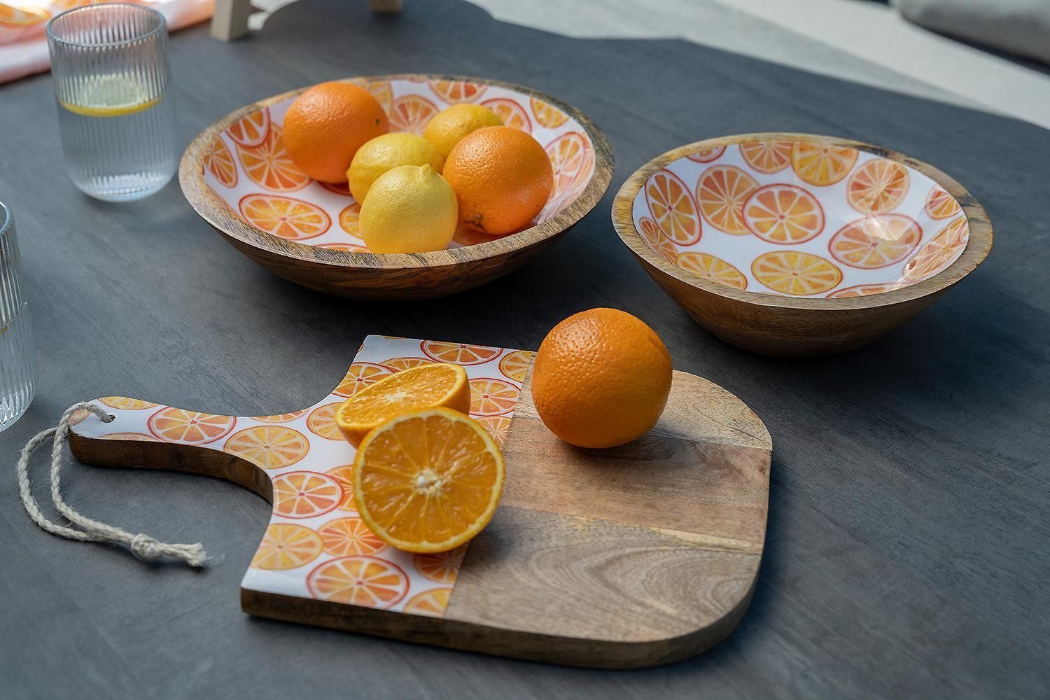 Kaemingk Tablett Dekobrett ORANJE, 38,5 x 24 cm, Braun, mit Griff, Mangoholz, mit Orangen in weiß und orange verziert