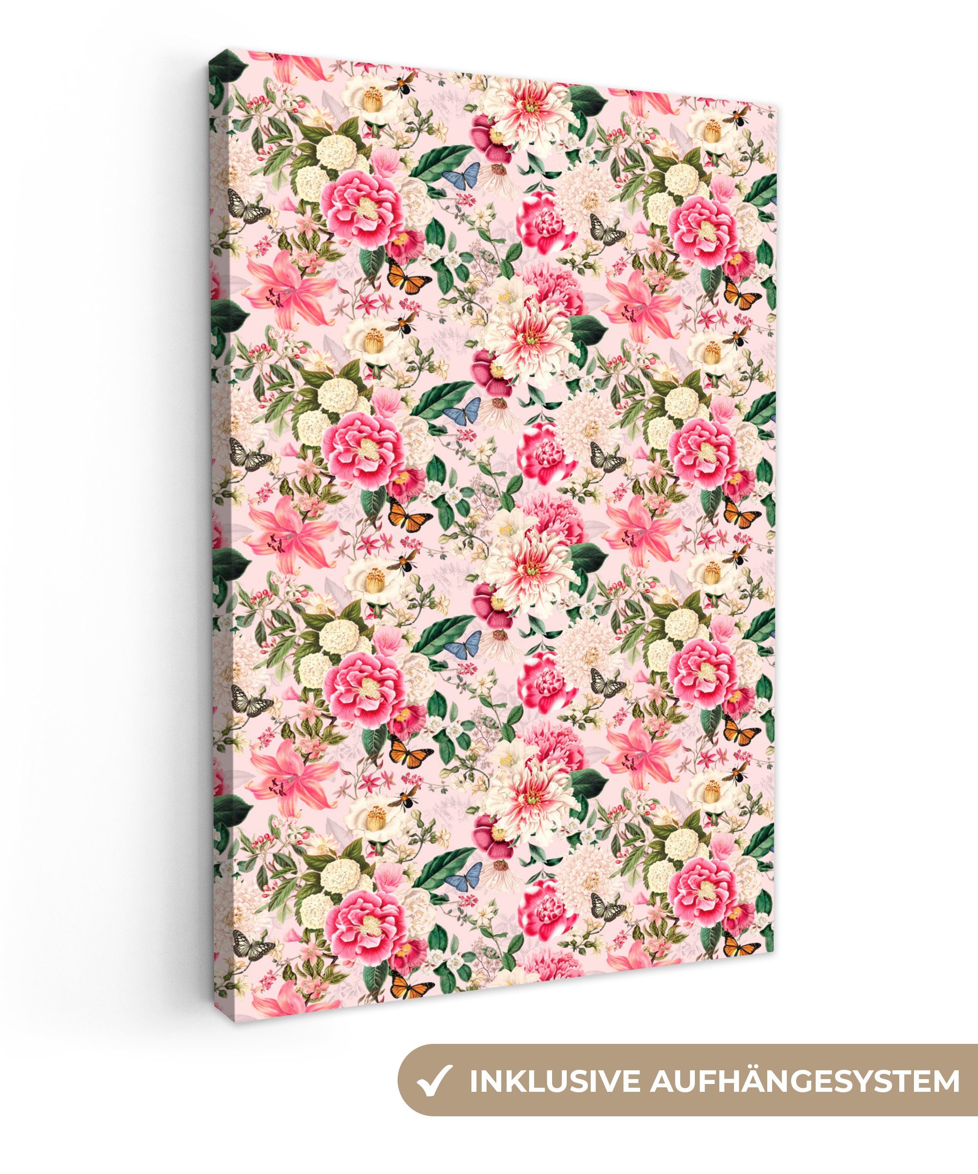 OneMillionCanvasses® Leinwandbild Blumen - Rosa - Muster, (1 St), Leinwandbild fertig bespannt inkl. Zackenaufhänger, Gemälde, 20x30 cm