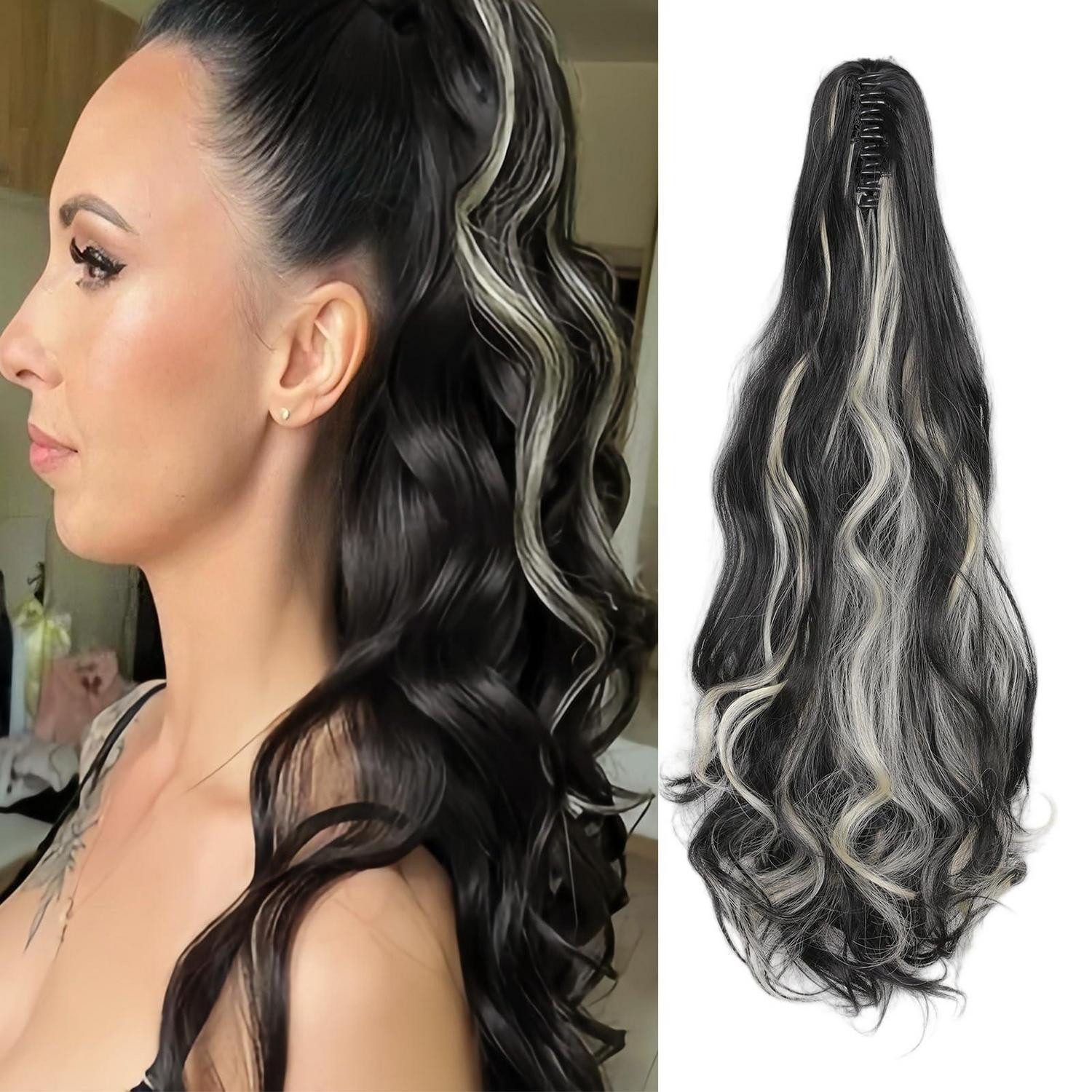 LuxusKollektion Kunsthaar-Extension Ponytail Haarteil Clip in Claw Lockig 45 cm 140g Schwarz & Bleichblond