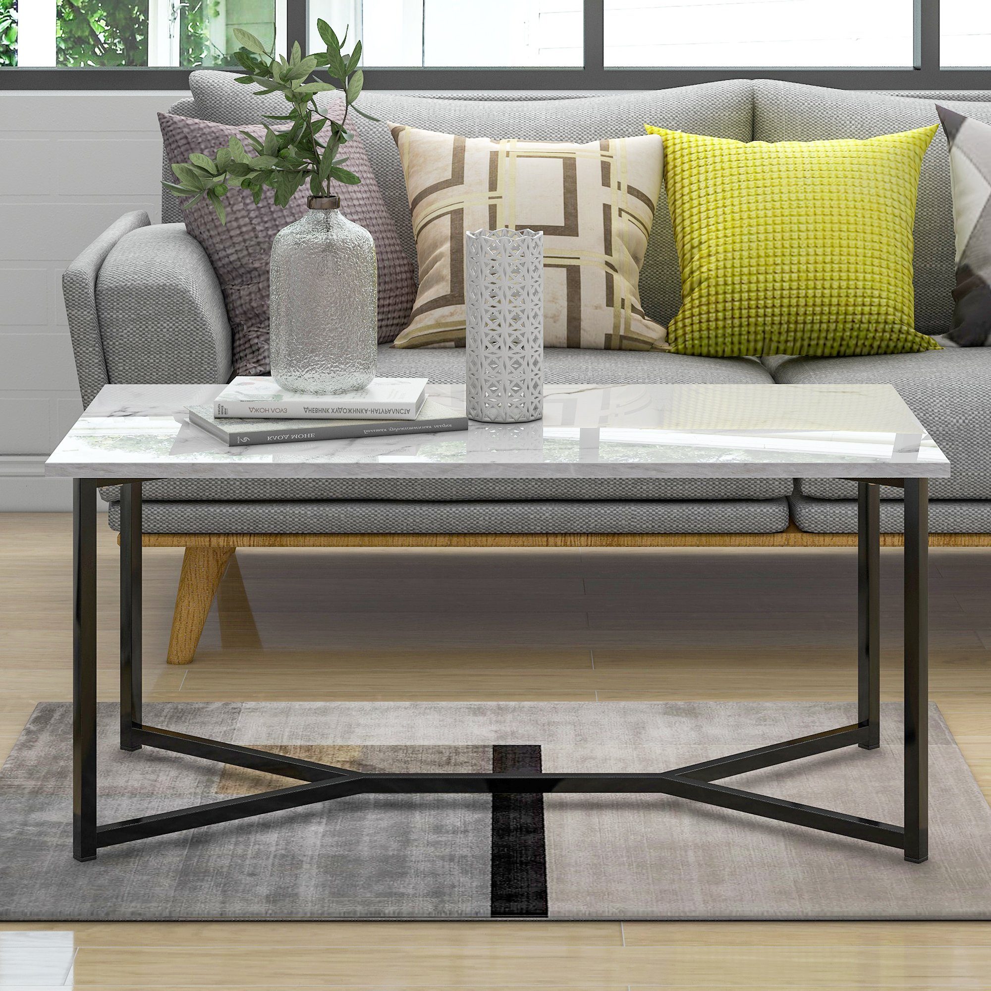 Merax Couchtisch, Marmor-Optik mit Metallrahmen, Beistelltisch, günstig online kaufen