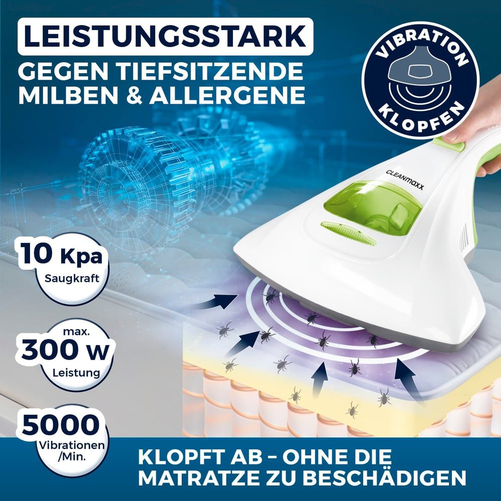 CLEANmaxx Matratzenreinigungsgerät Milben-Handstaubsauger mit UV-C-Licht 300W, 300 W, beutellos, Effektive, chemiefreie Reinigung, Perfekt auch für Allergiker