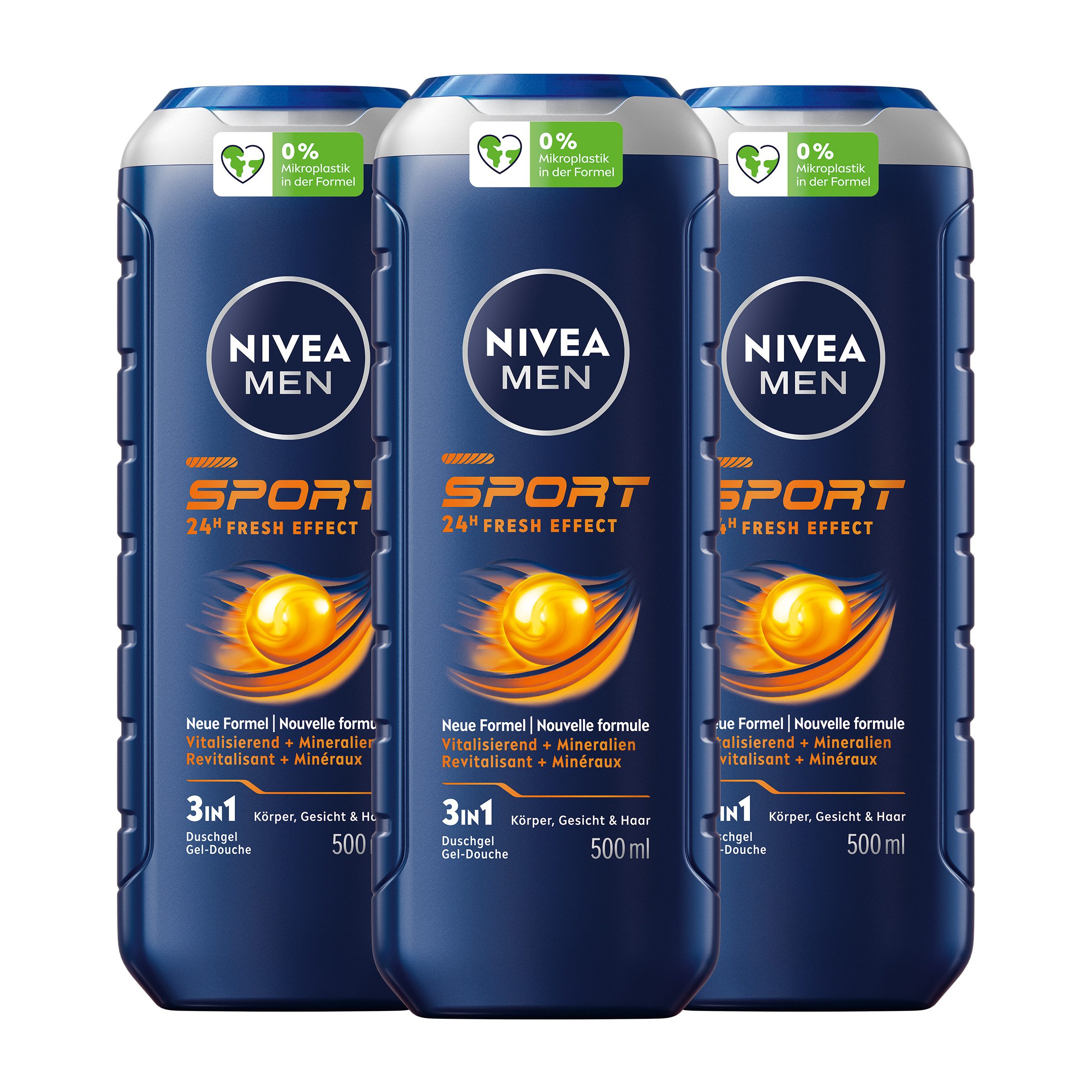 Nivea Men Duschgel Pflegedusche Sport 3in1 Duschgel vitalisierend erfrischend 3 x 500 ml, 3-tlg.