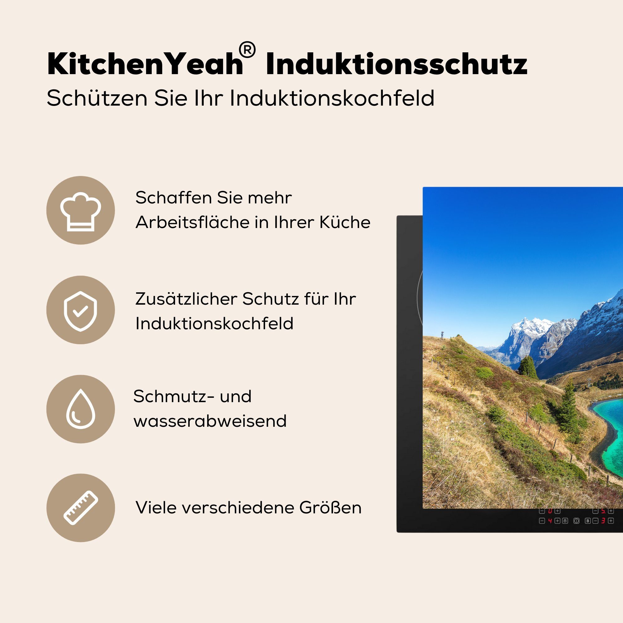 Schweizer und Landschaft Arbeitsfläche MuchoWow mit 70x52 Ceranfeldabdeckung Vinyl, cm, Mobile Bergen, Herdblende-/Abdeckplatte nutzbar, (1 tlg), Wasser