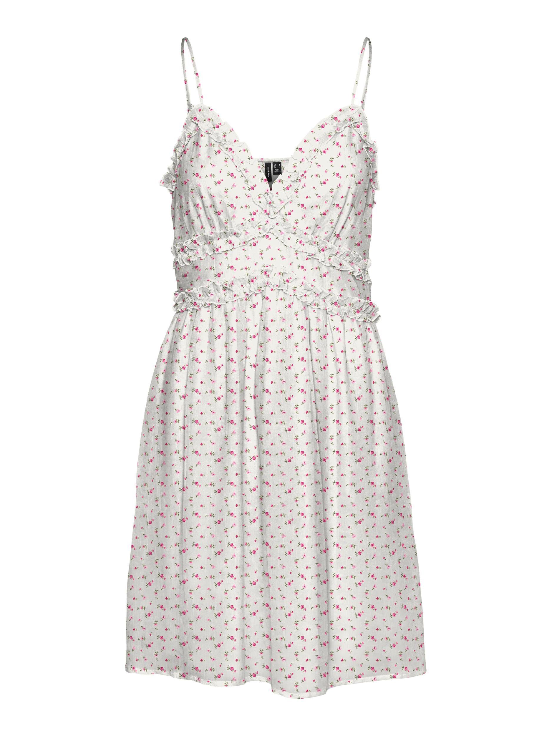 preisorientiert Vero Moda Sommerkleid VMSMILLA SINGLET DRESS WVN GA mit flower FRL Rüschenbesatz Snow AOP:Pink White