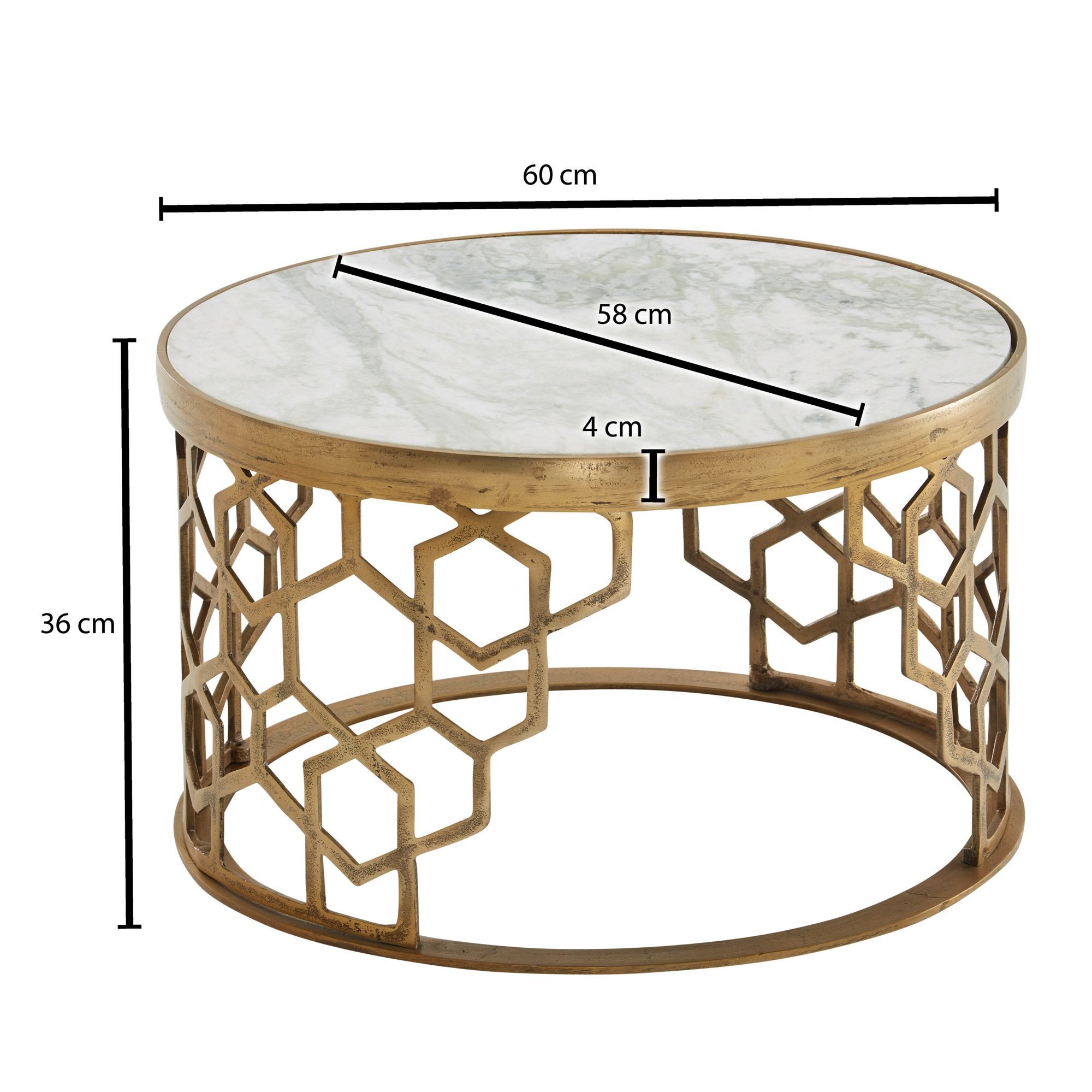 FINEBUY Couchtisch FB82239 Sofatisch Echter Marmor Ø 60 cm Tisch Wohnzimmertisch Rund (Sofatisch Metall, Wohnzimmertisch Modern), Echter Marmor Weiß / Gold 60x60x36 cm Rund