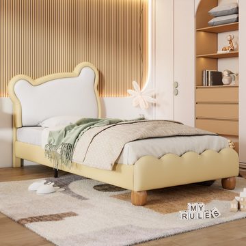 OKWISH Polsterbett Kinderbett mit kuscheligem Bärenkopfteil, Holzlattenrost, Kunstleder (90x200cm), ohne Matratze