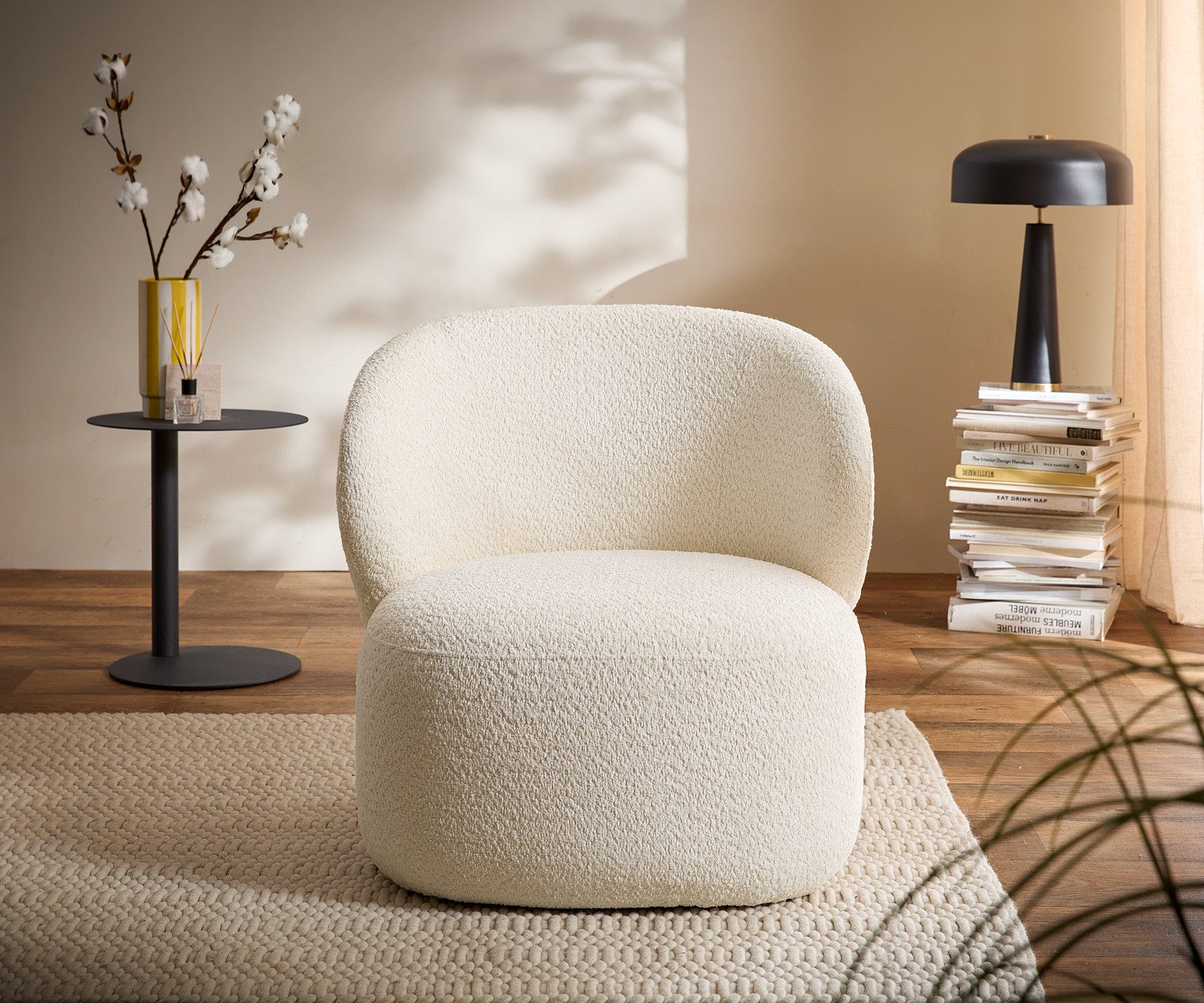 DELIFE Cocktailsessel Pulo, Bouclé Weiß 80x80 cm Loungesessel