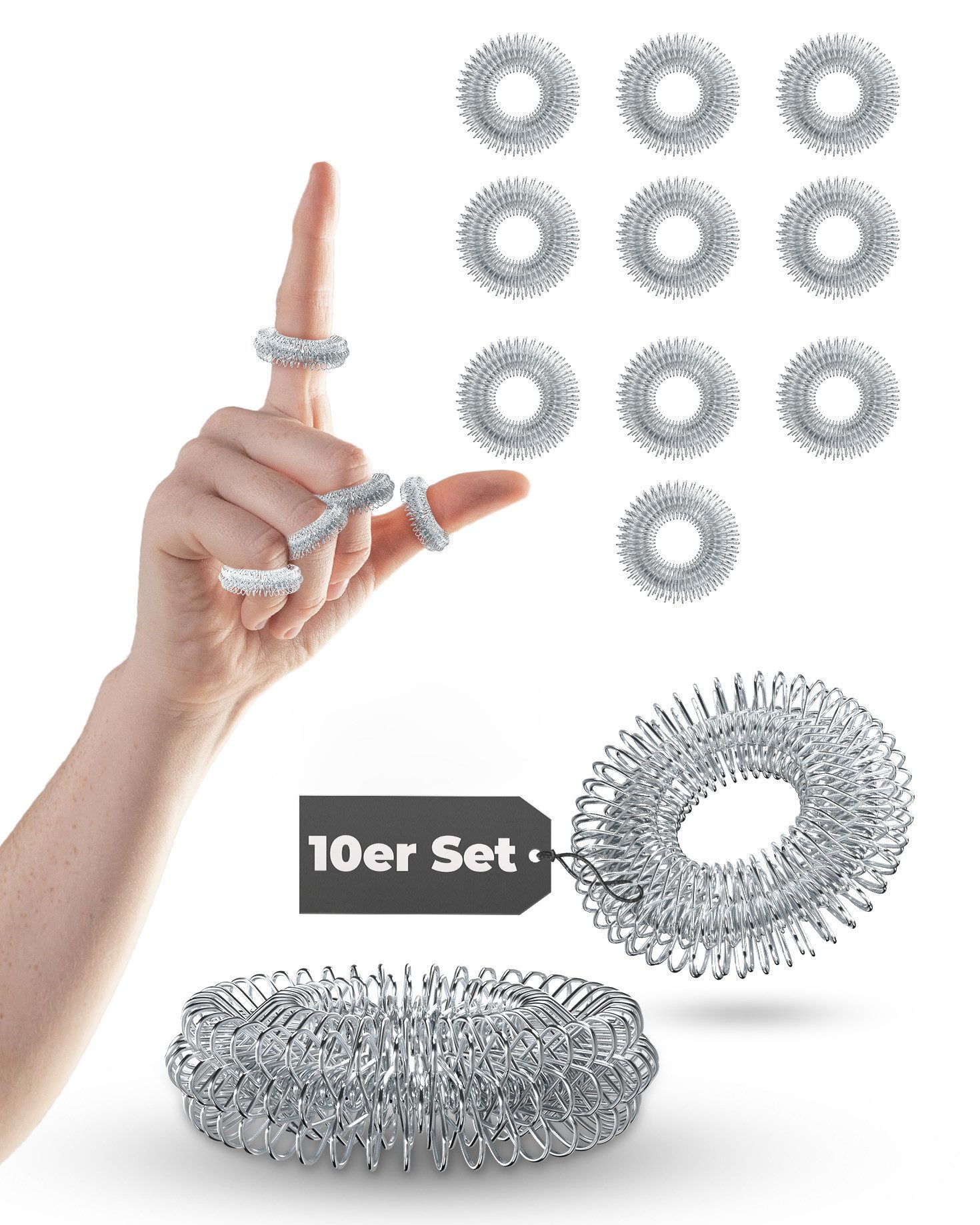 NEOLYMP Shiatsu-Akupressurgerät Akupressur Ring 10er Set - Anti Stress Fingermassageringe - Edelstahl, Akupressur Ring im 10er Set, Skills Set für Panikattacken & ADHS Hilfsmittel- fördert Durchblutung, Skills Set - Elastischer Stress Ring für dein Wohlbe