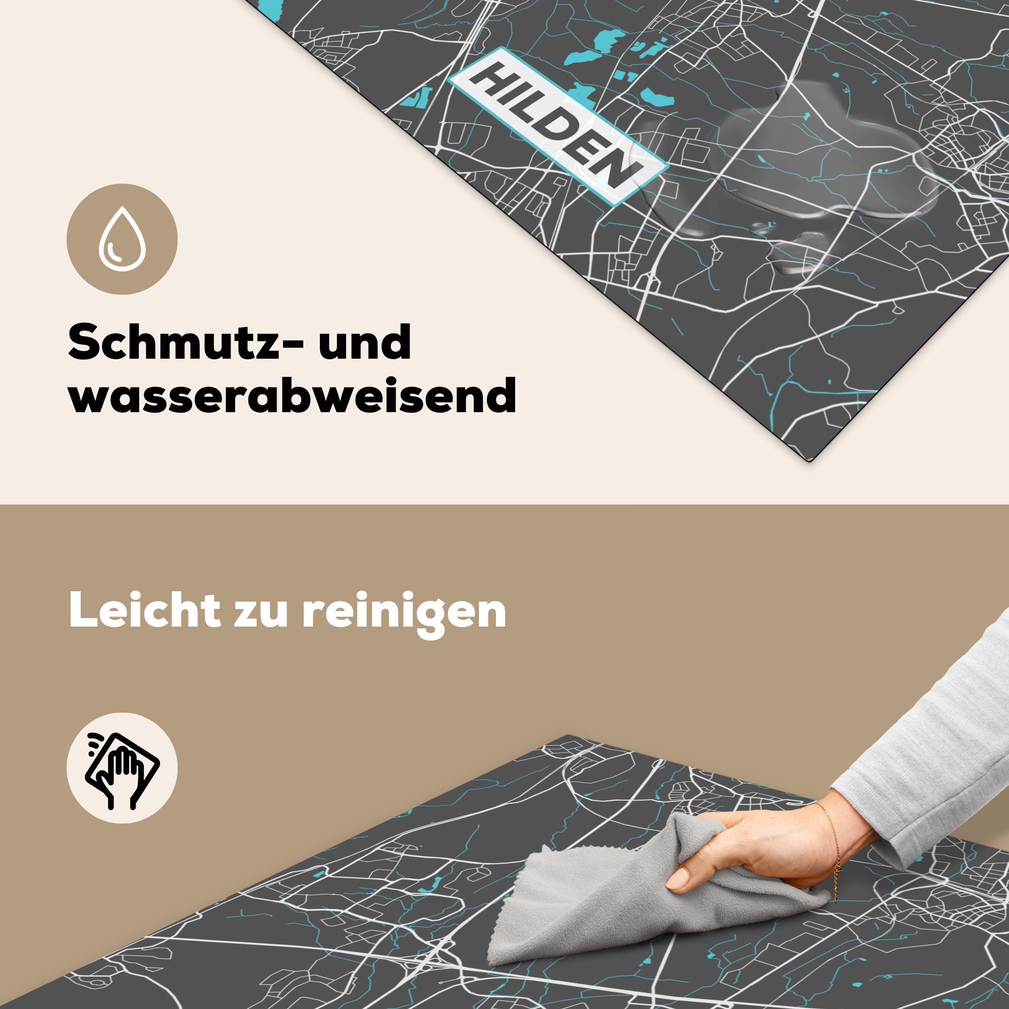 MuchoWow Herdblende-/Abdeckplatte - Arbeitsplatte cm, küche tlg), Deutschland Karte Stadtplan 78x78 Vinyl, Hilden, Ceranfeldabdeckung, - - für (1 - Blau
