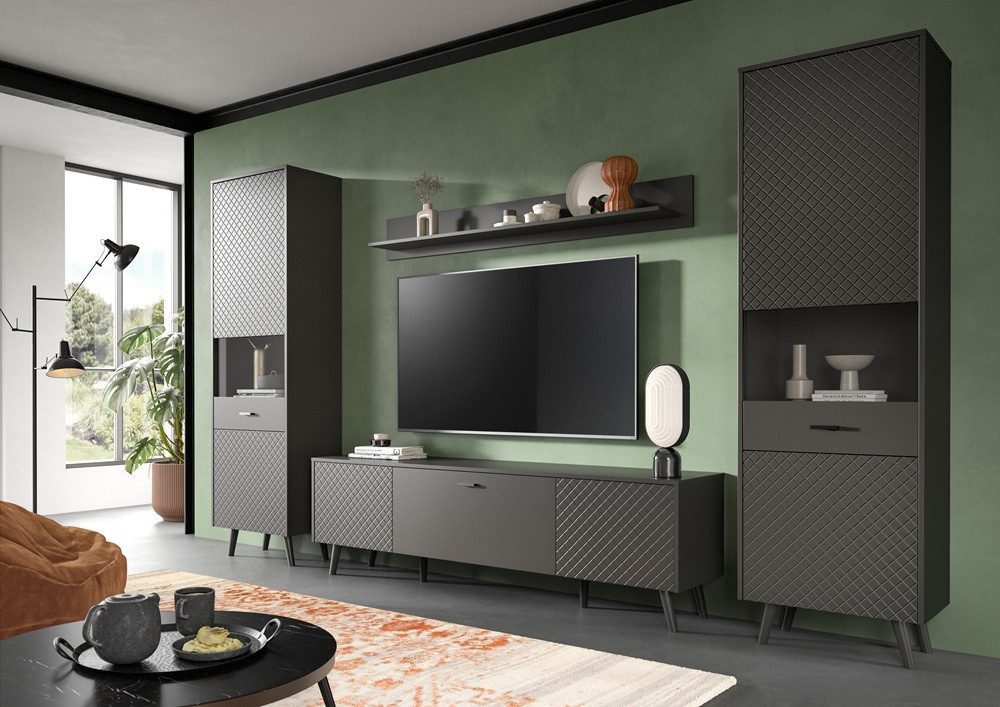 Furnhaus Wohnwand Wohnzimmer 4-teilig in Grau mit Vitrinen & Lowboard, (Wohnzimmermöbel mit 2 Türen, Klappe & 7 Böden, 1-St., Möbelensemble mit Push-to-open & schwarzen Holzfüßen), Moderne Wohnkombination im Industrial Look mit Wandboard & Karo-Optik