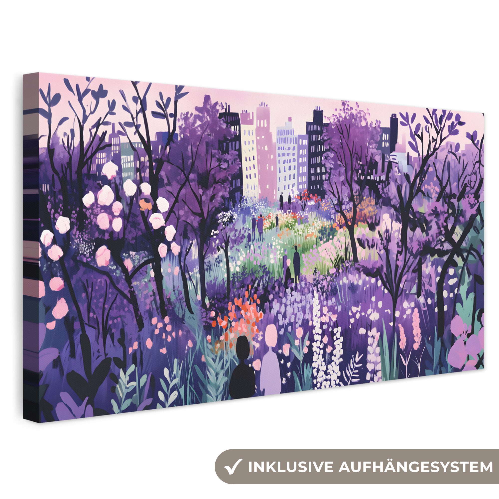 OneMillionCanvasses® Leinwandbild Panorama Park - Bäume - Blumen - Gebäude, Fotodruck (1 St), Wandbild, Deko Schlafzimmer Wohnzimmer Flur 40x20 cm