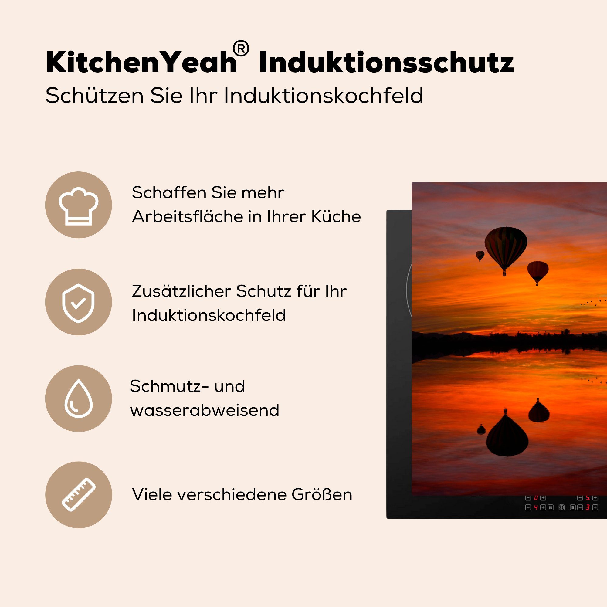 MuchoWow Vinyl, tlg), Silhouette küche Herdblende-/Abdeckplatte Sonnenuntergang, 78x78 bei Heißluftballons Vogelschwarm (1 für Ceranfeldabdeckung, von cm, Arbeitsplatte und