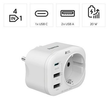 Hama Mehrfachstecker 4fach (1 USB-C PD, 2 USB-A, 1 Schutzkontakt, bis 20W) Mehrfachsteckdose 4-fach (USB-Anschlüsse, Schutzkontaktkupplung, Überspannungsschutz)