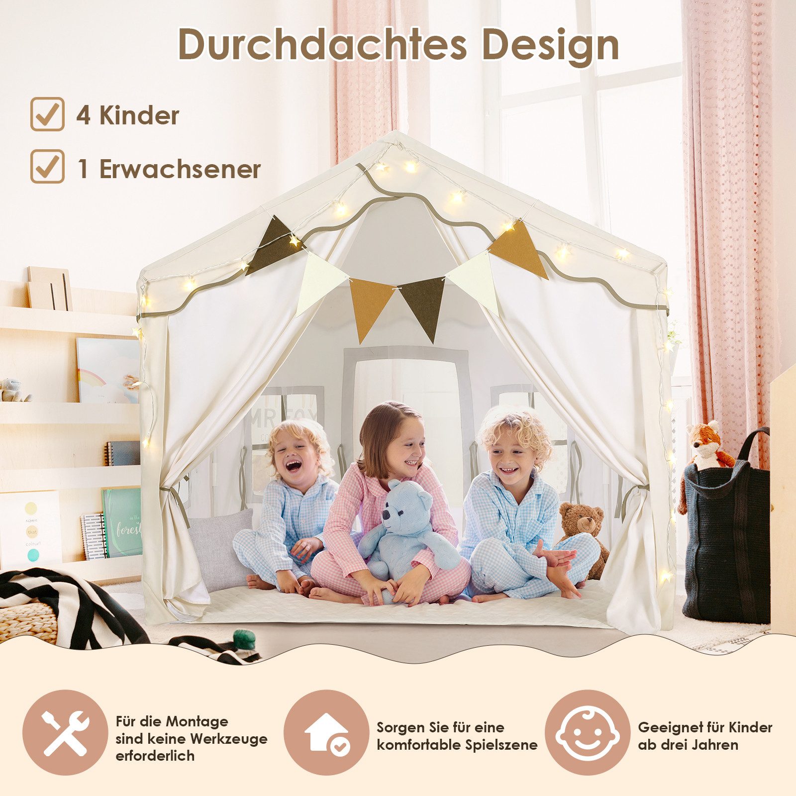 TLGREEN Spielzelt Kinderzelt für Drinnen,Kinder Spielhaus mit Matte & Lichtern Zelt Kinderzimmer, 136x95x133 cm