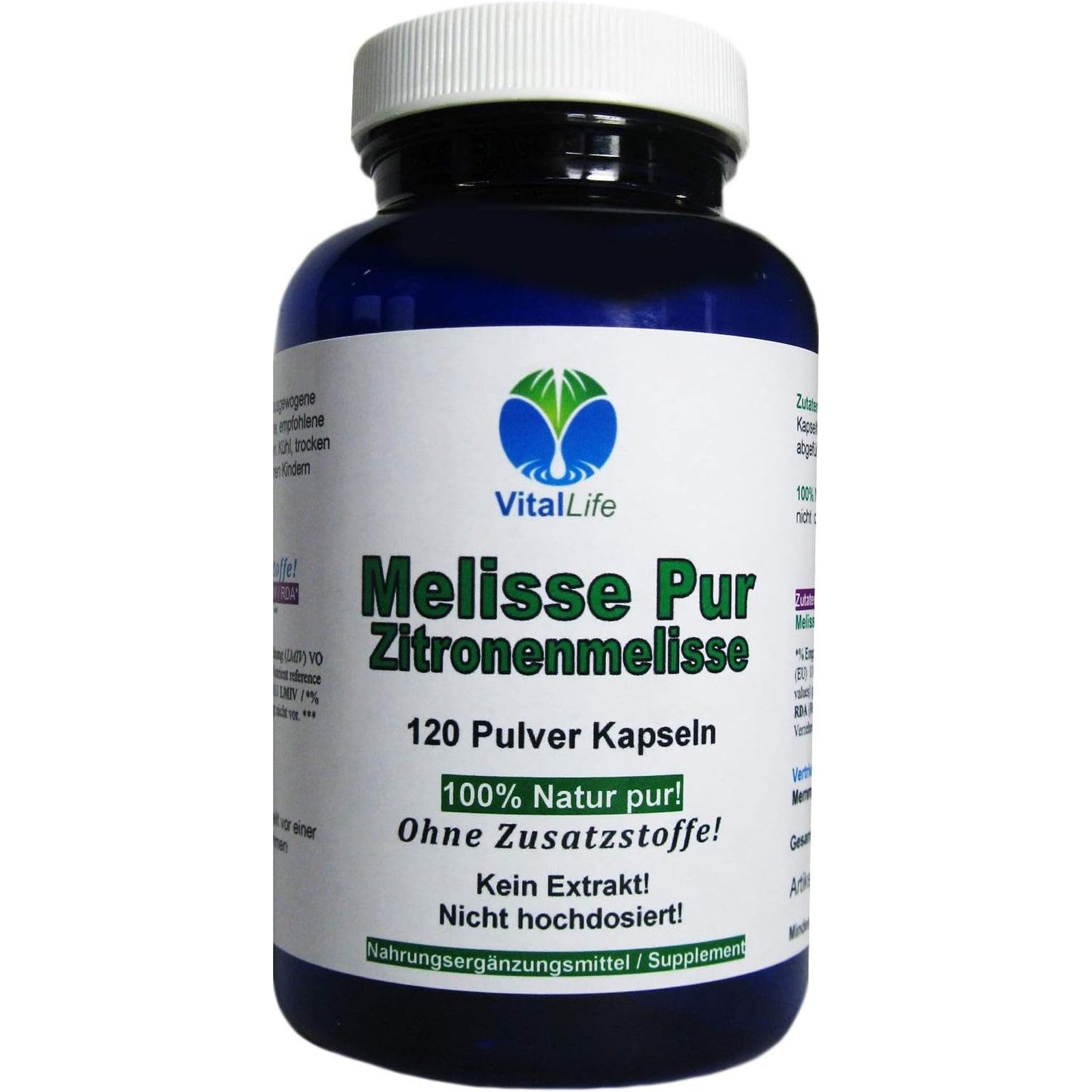 VitalLife Melisse Zitronenmelisse "NERVENKRAUT FRAUENWOHL HERZTROST" NATUR PUR Kapseln, 1 er Dose à 120 St., 48 g, Art. 26328-120