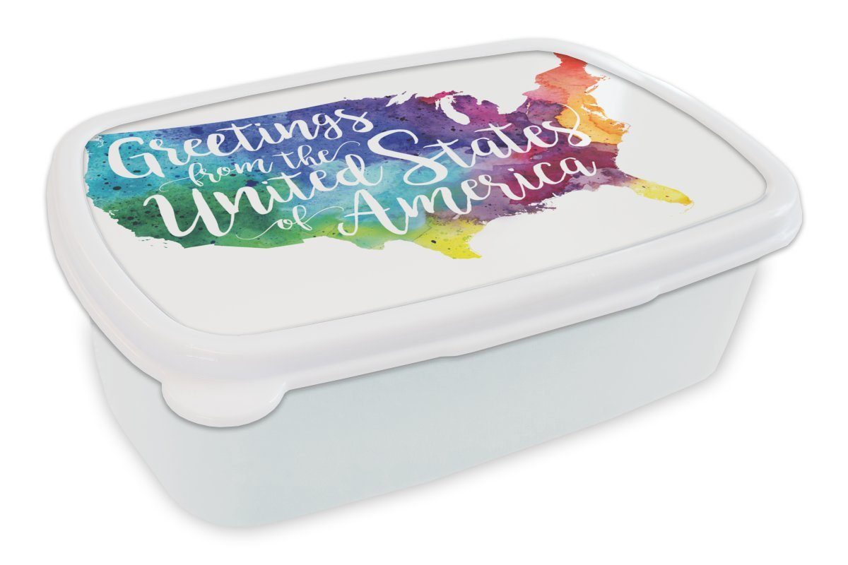 MuchoWow Lunchbox Bunte Karte USA mit Zitat, Kunststoff, (2-tlg), Brotbox für Kinder und Erwachsene, Brotdose, für Jungs und Mädchen weiß