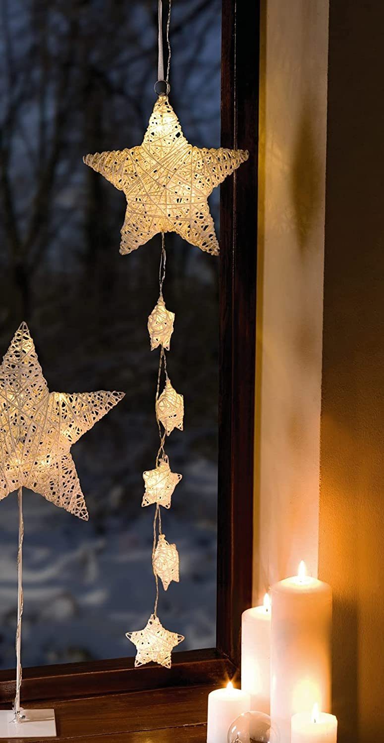 Dekoleidenschaft Dekohänger Schneesterne Sternenhänger, Lichterkette mit  LED Beleuchtung, Adventsdeko, Weihnachtsdeko für Tür, Wand und Fenster