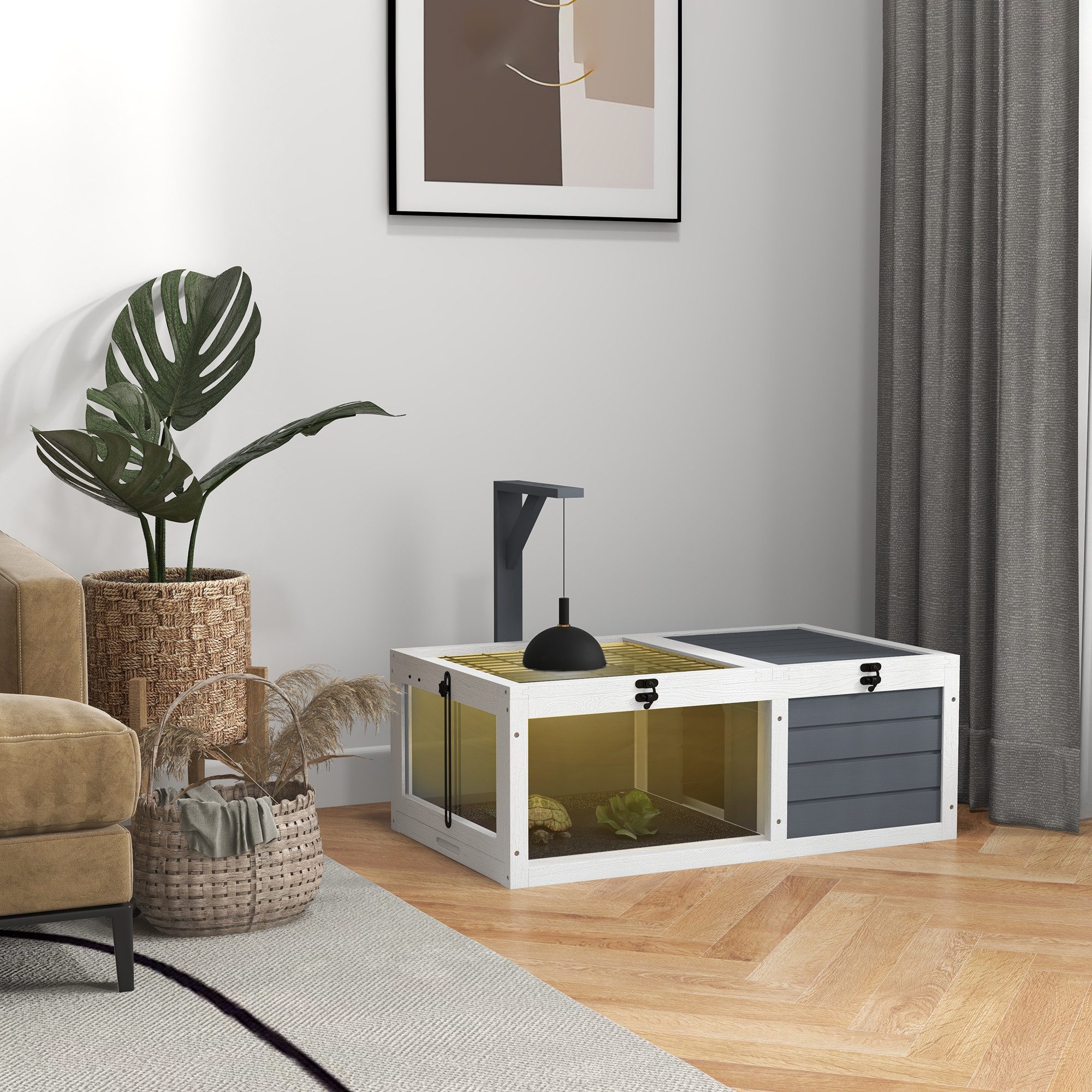 PawHut Kleintierstall mit Haupthaus, Sichtfenster, aufklappbarer Deckel, Lampenfassung, für Schildkröten, Reptilien, Eidechsen, Grau