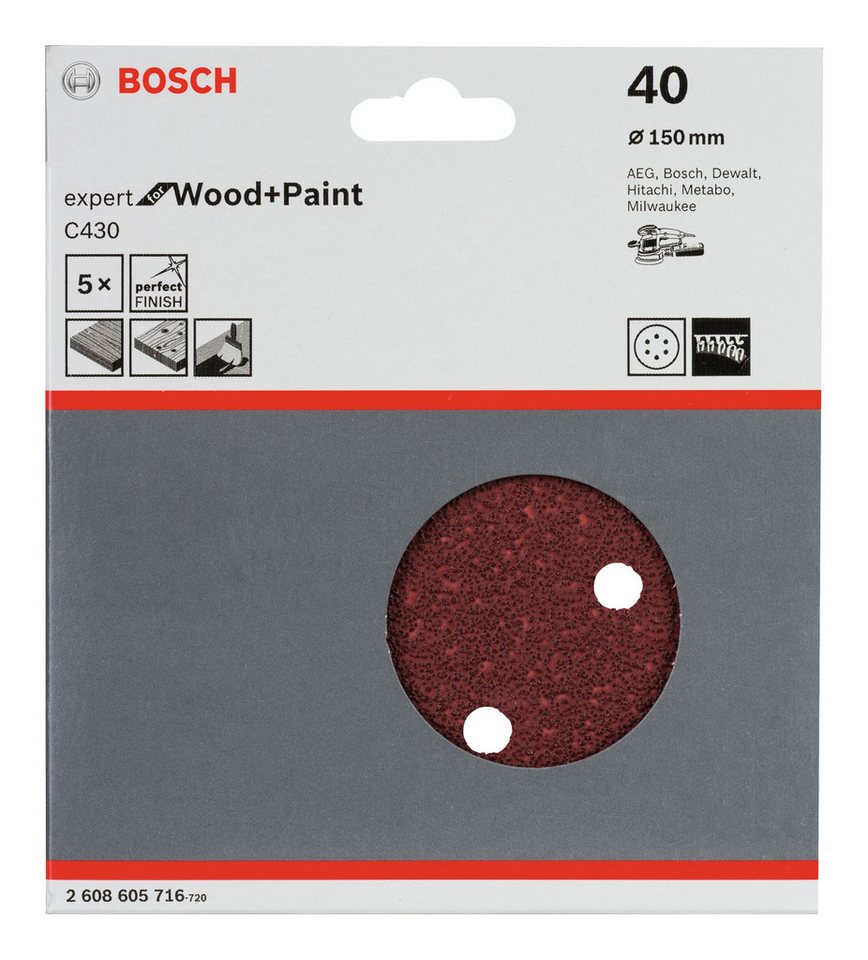 Thumbnail - BOSCH Schleifpapier, (5 Stück), C430 Schleifblatt Klett 6 Löcher K40 - 150 mm - 5er-Pack