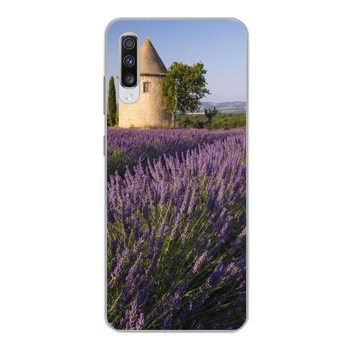 MuchoWow Handyhülle Runder Turm auf einem Lavendelfeld in Frankreich Phone Case Handyhülle Samsung Galaxy A70 Silikon Schutzhülle