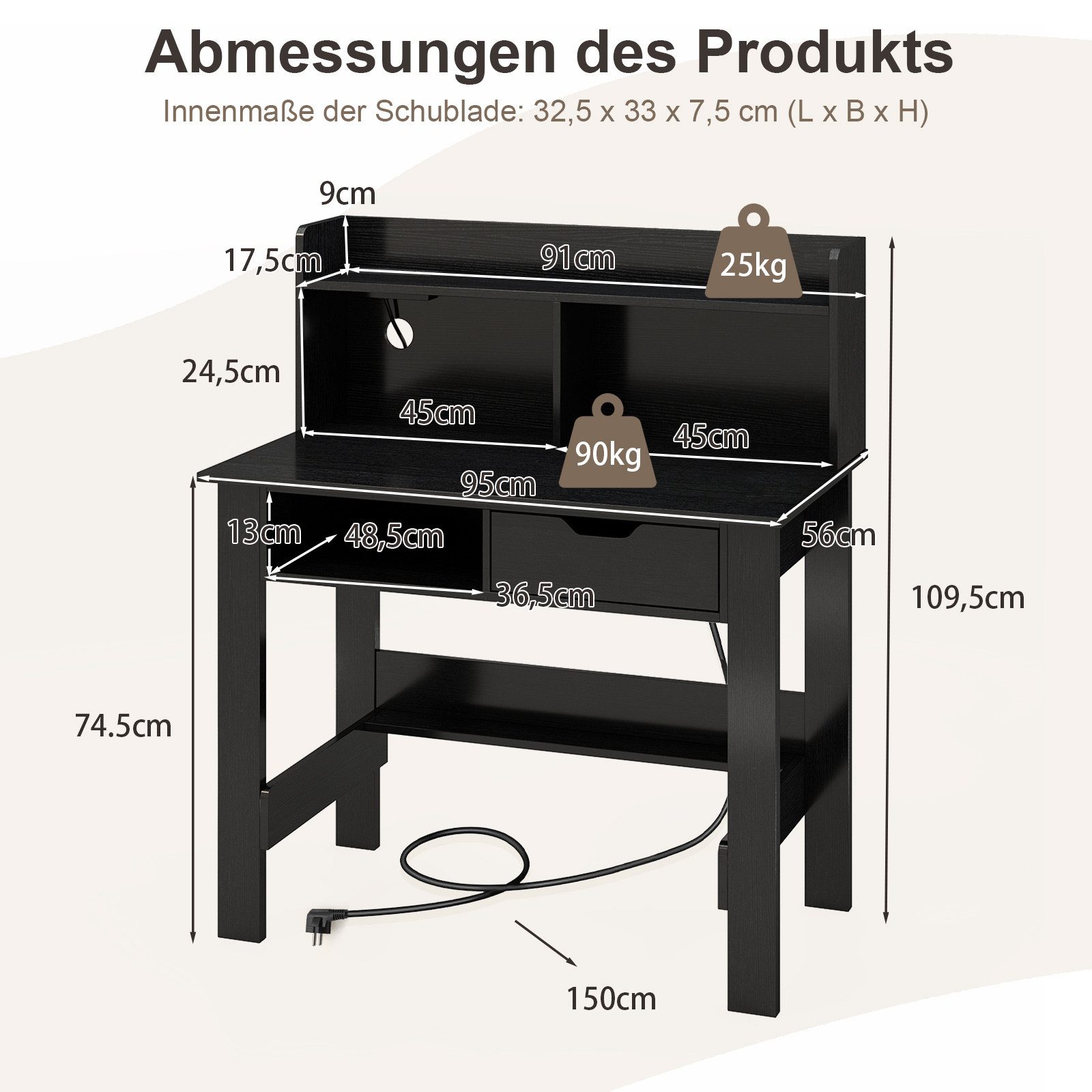 COSTWAY Schreibtisch, mit Steckdosen, Aufsatz, offenem Fach & Schublade
