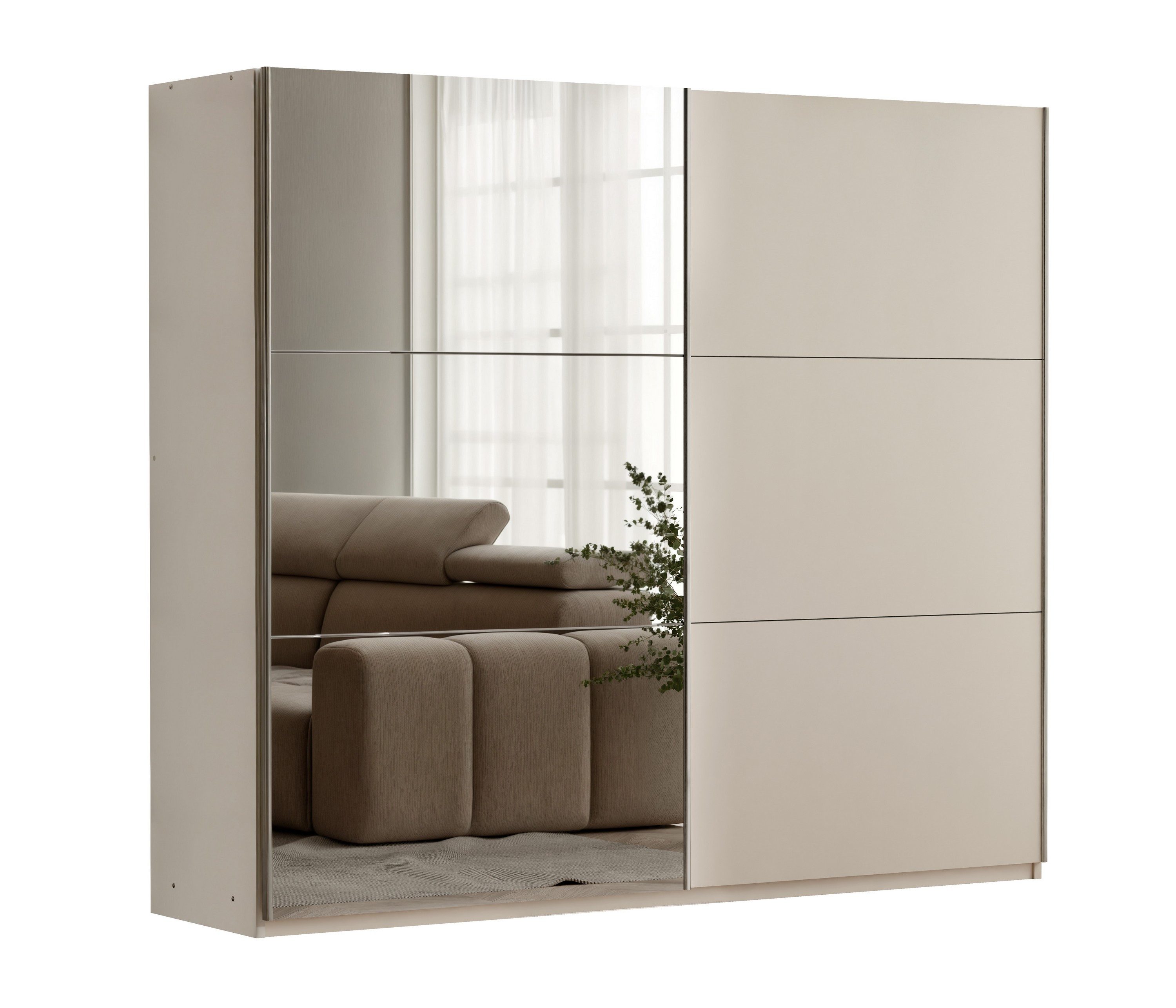 Masseno Schwebetürenschrank IVERN 122 cm Kleiderschrank mit Spiegel 2 Türen Beige