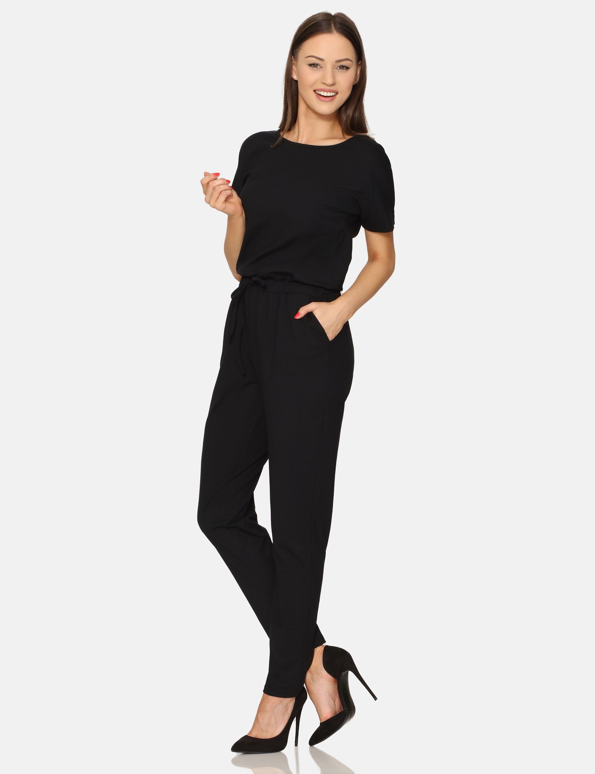 Bellivalini Jumpsuit Damen Hosenanzug mit Bindegürtel Einteiler Schwarz (1-tlg) Jumpsuit BLV50-215