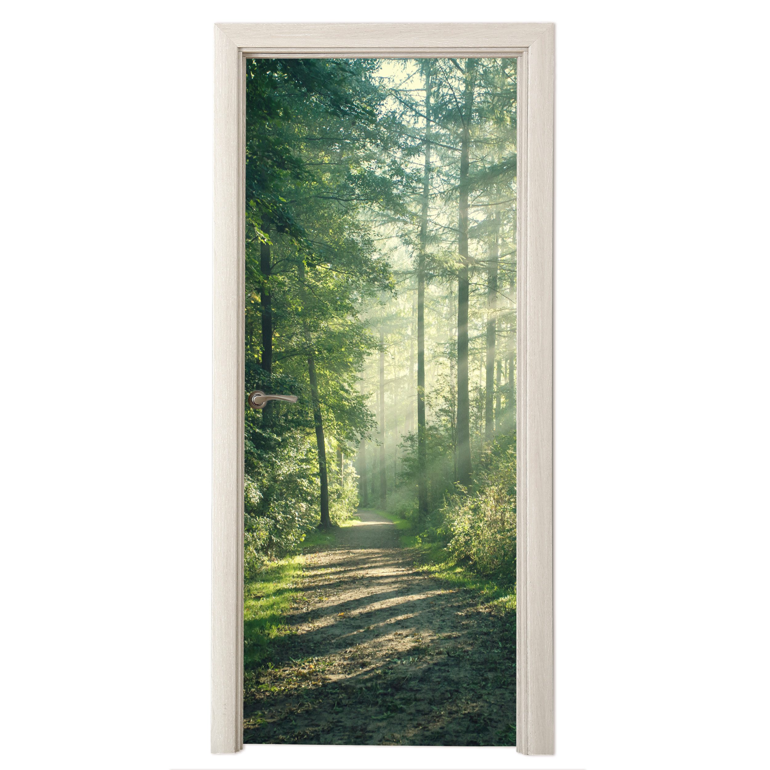 MuchoWow Türtapete Wald - Weg - Sonne - Bäume - Grün - Natur, Matt, bedruckt, (1 St), Selbstklebende Tapete, Folie für Möbel, 70x215 cm