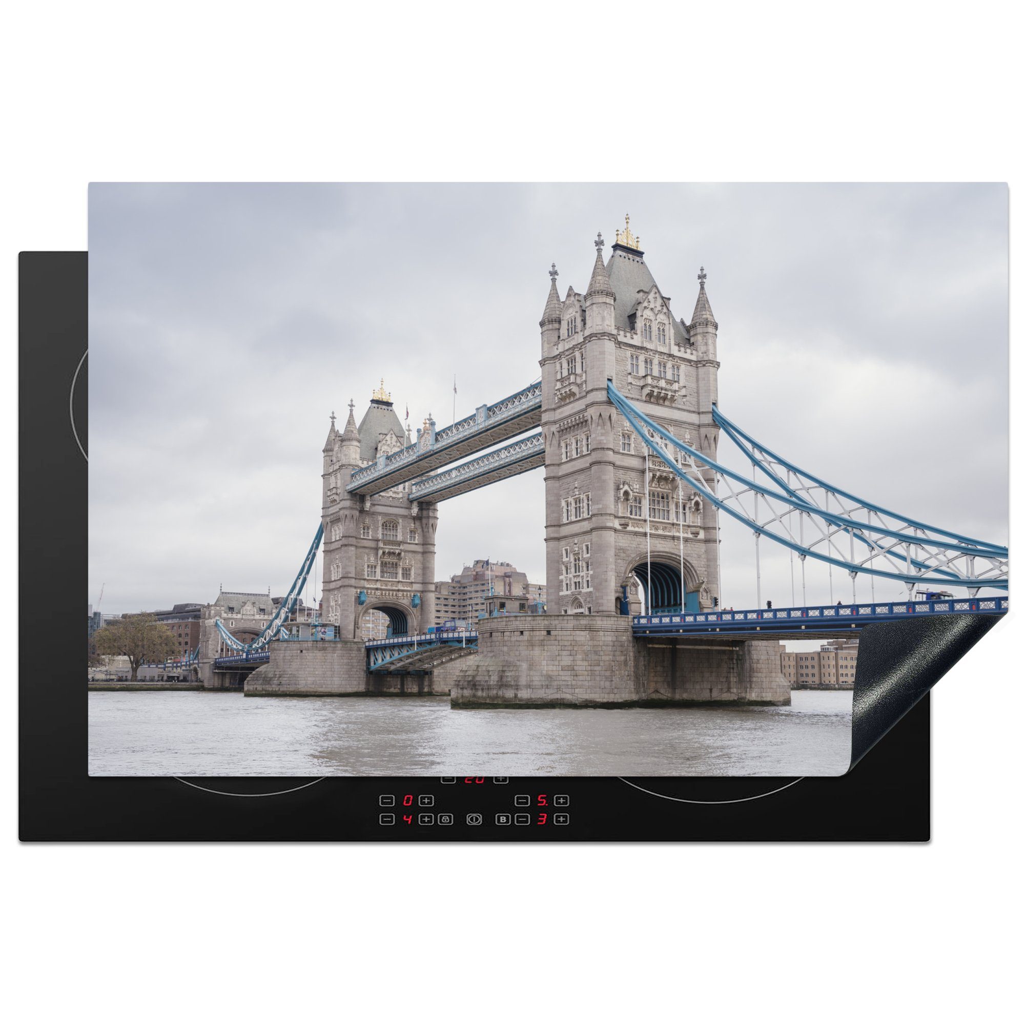 MuchoWow Herdblende-/Abdeckplatte Tower Bridge in London an einem grauen Tag, Vinyl, (1 tlg), 81x52 cm, Induktionskochfeld Schutz für die küche, Ceranfeldabdeckung