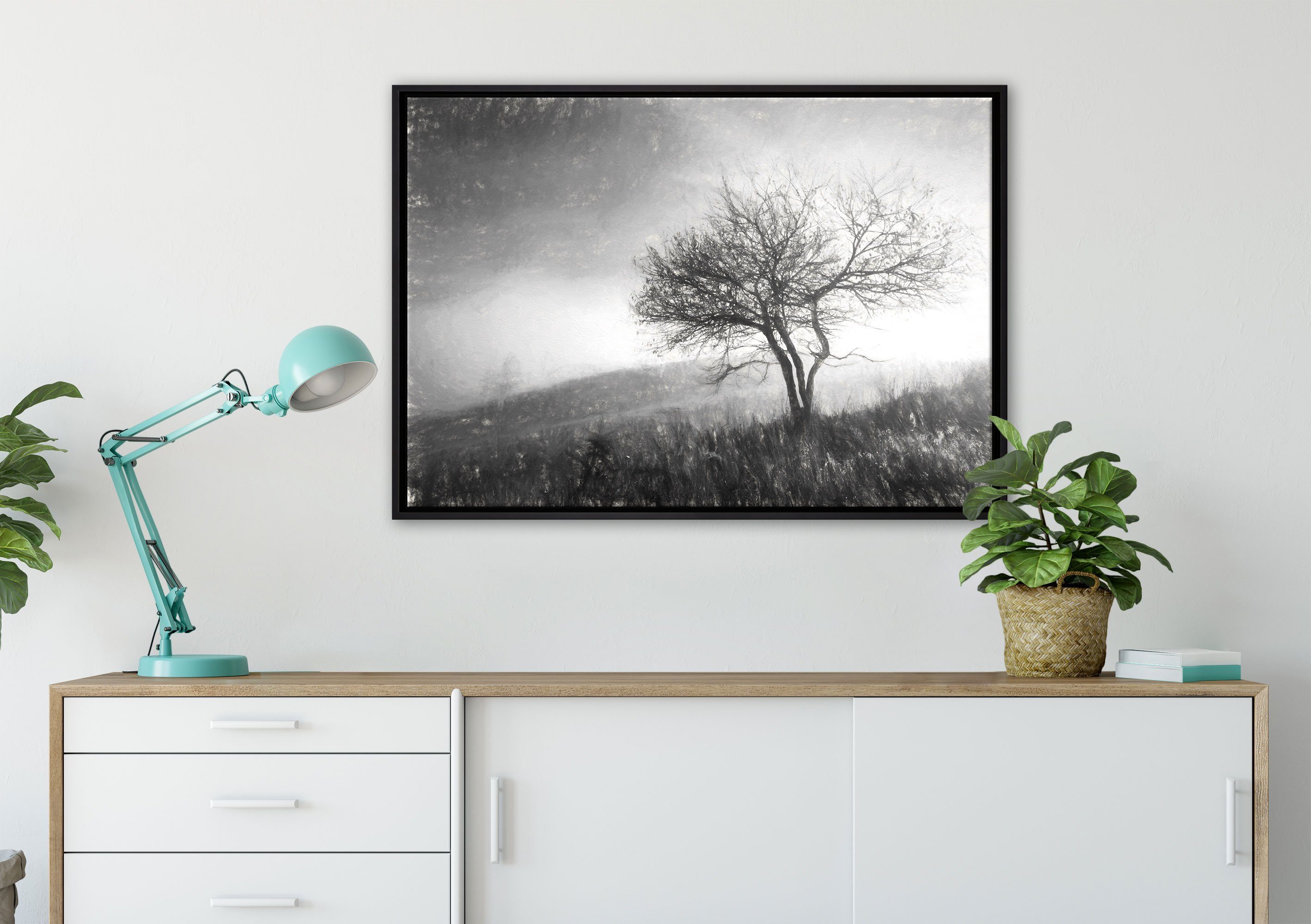 Leinwandbild fertig Schattenfugen-Bilderrahmen Pixxprint Baum bespannt, einem Leinwandbild (1 Zackenaufhänger in inkl. gefasst, Landschaft, Wanddekoration St), in
