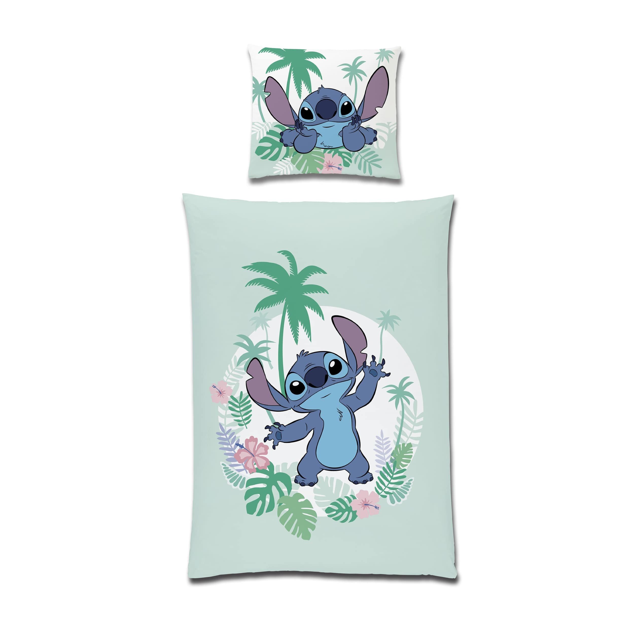 Familando Kinderbettwäsche Lilo und Stitch "Aloha" aus 100% Baumwolle mit Reißverschluss, Linon, 2 teilig, mit Schriftzug und Wendeseite